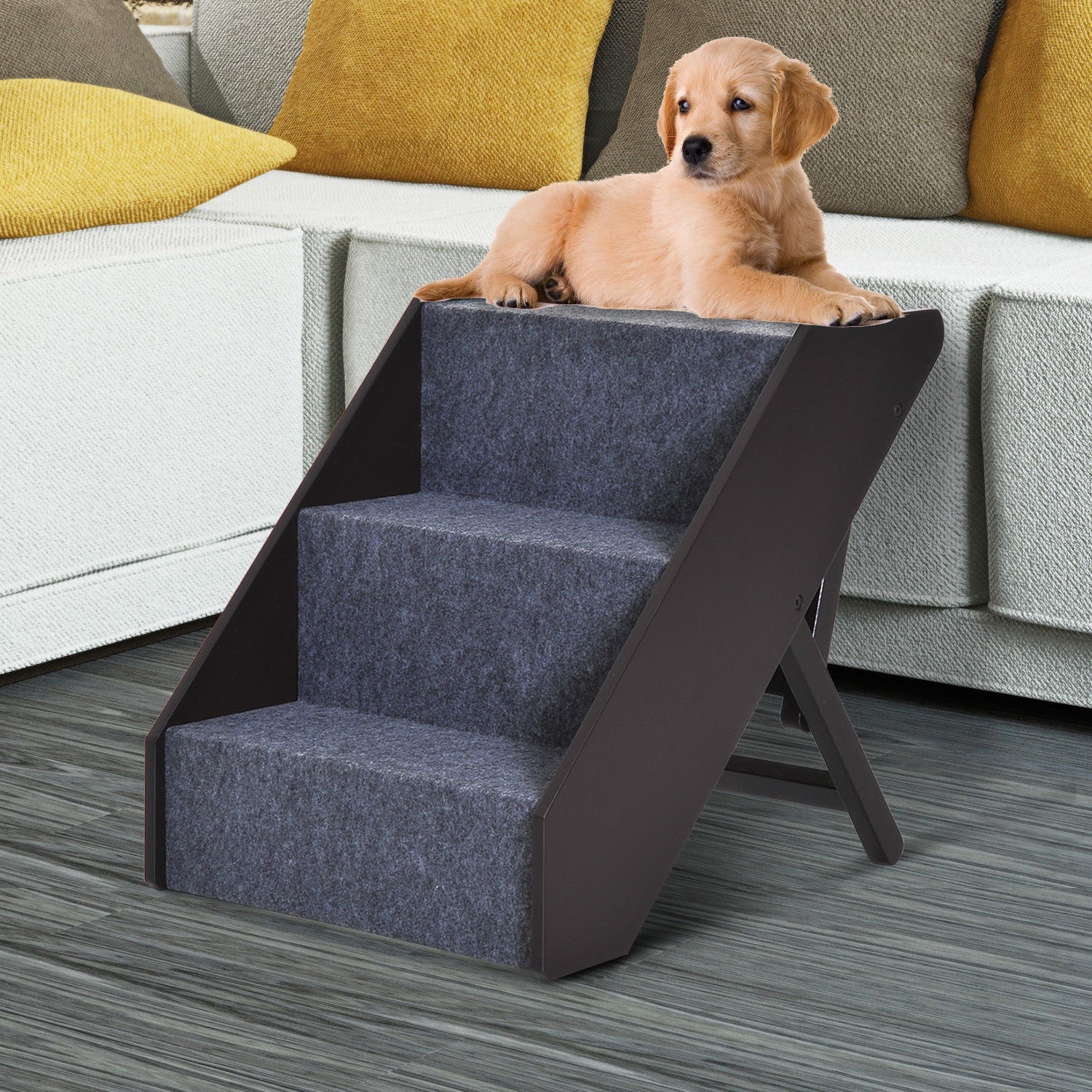 PawHut 3-Steps Ladder Dog Ramp Pets Steps -Dark Brown - Image 9