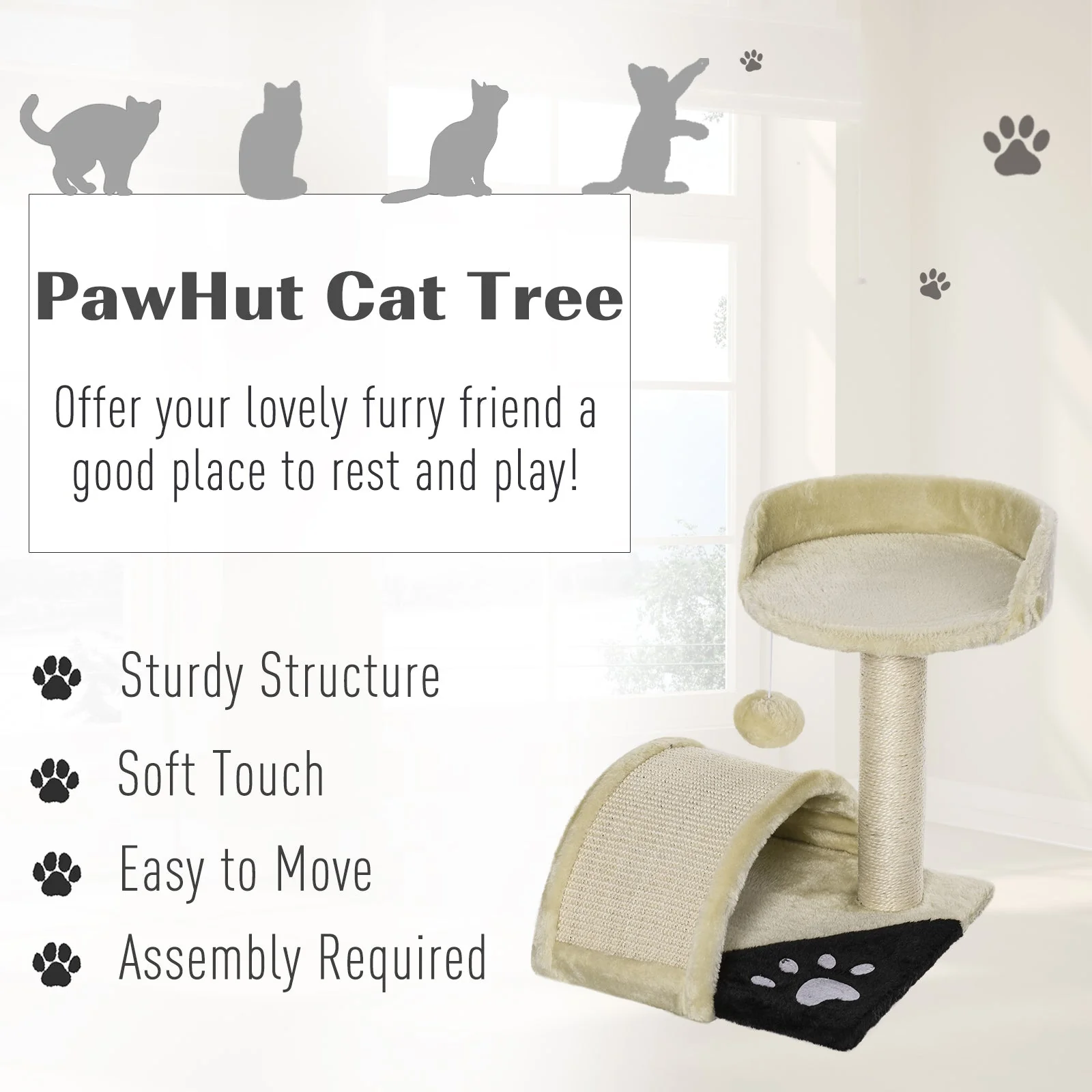 PawHut 36Lx36Wx44H cm Cat Tree Scratching Post-Beige - Image 4