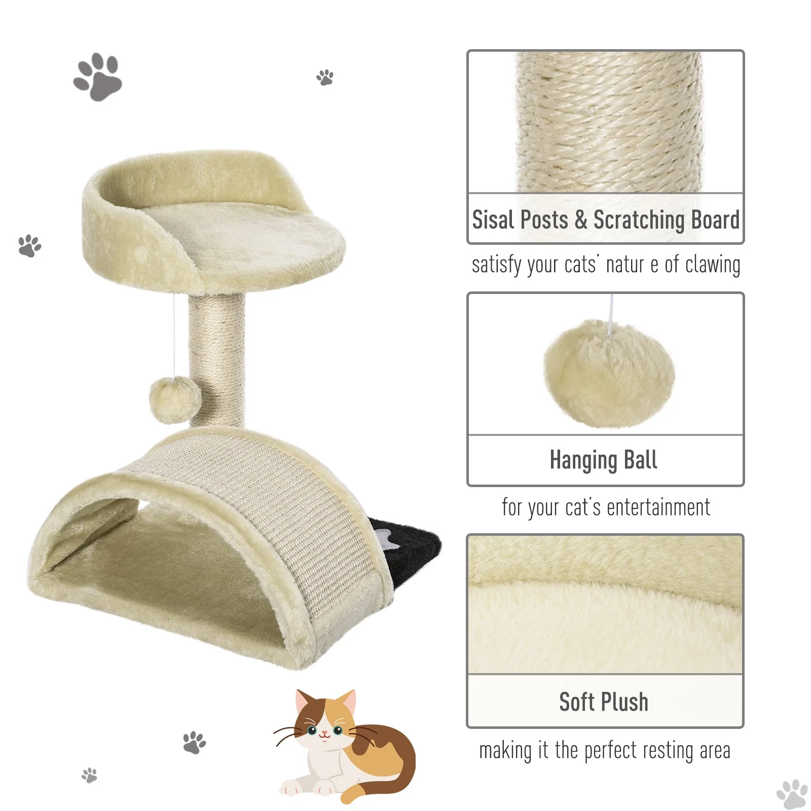 PawHut 36Lx36Wx44H cm Cat Tree Scratching Post-Beige - Image 5