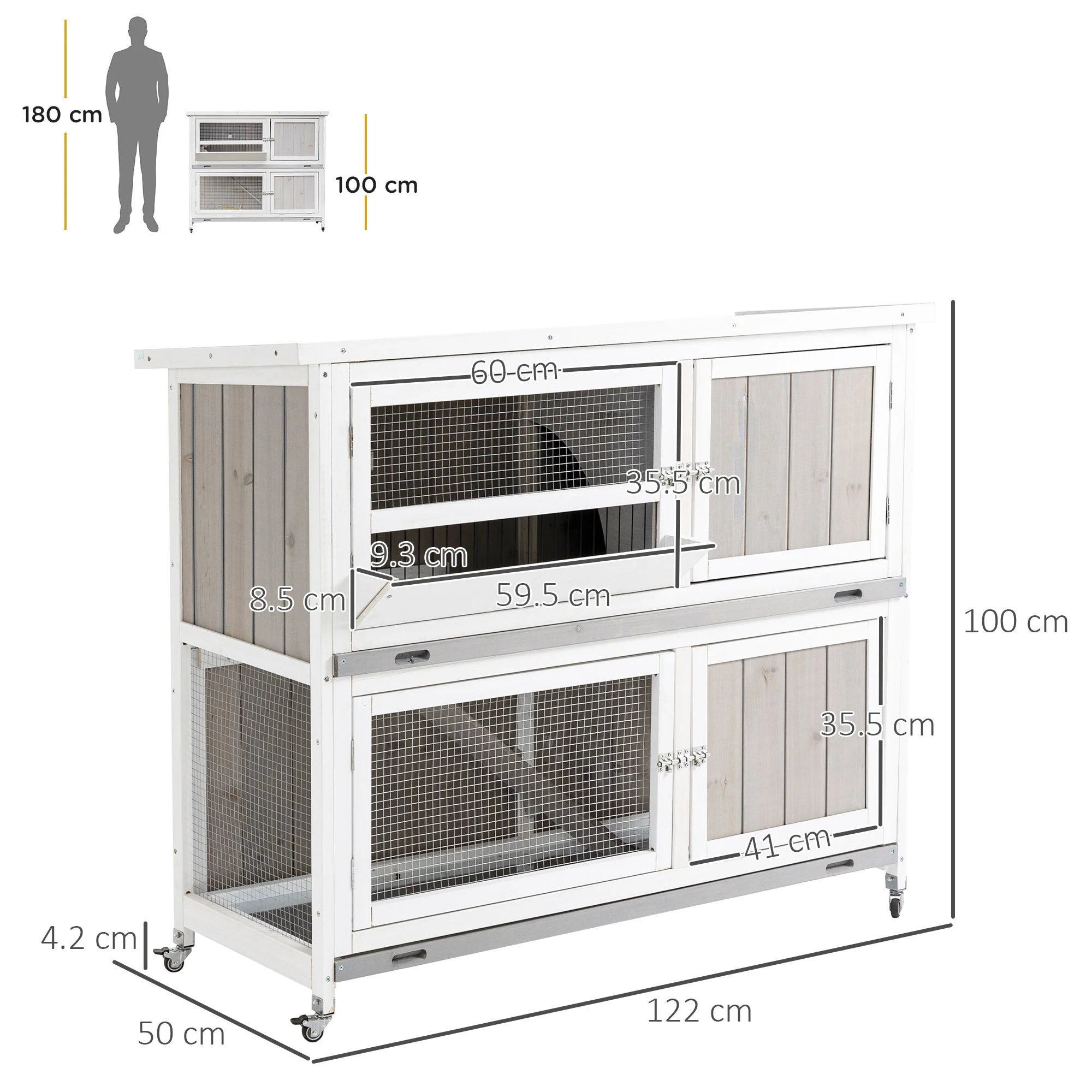 PawHut 4' Rabbit Hutch Two Tier Wooden Guinea Pig Cage Bunny House w/ Rain Cover - Image 3