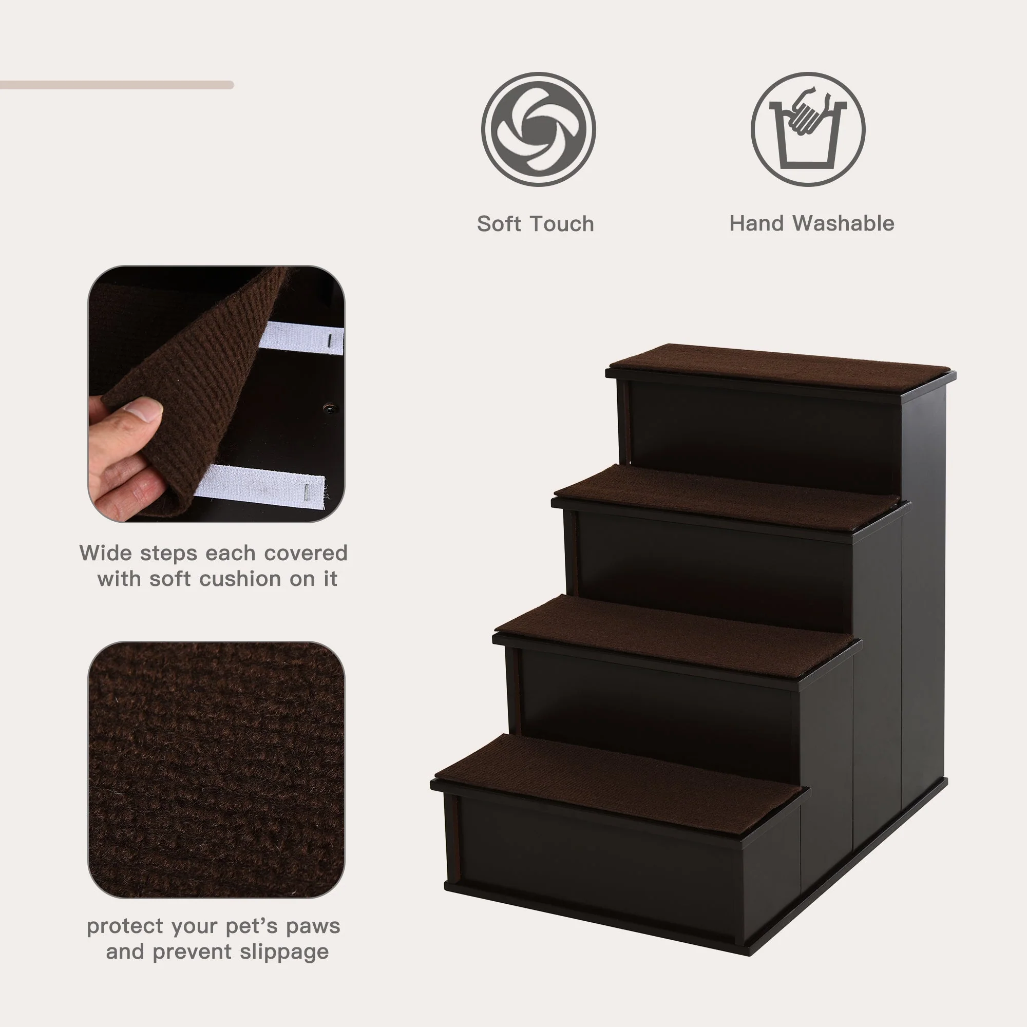 PawHut 4-Step Wooden Pet Stair Steps with Soft Short Plush Cushions Dog Ladder for Bed - Image 4