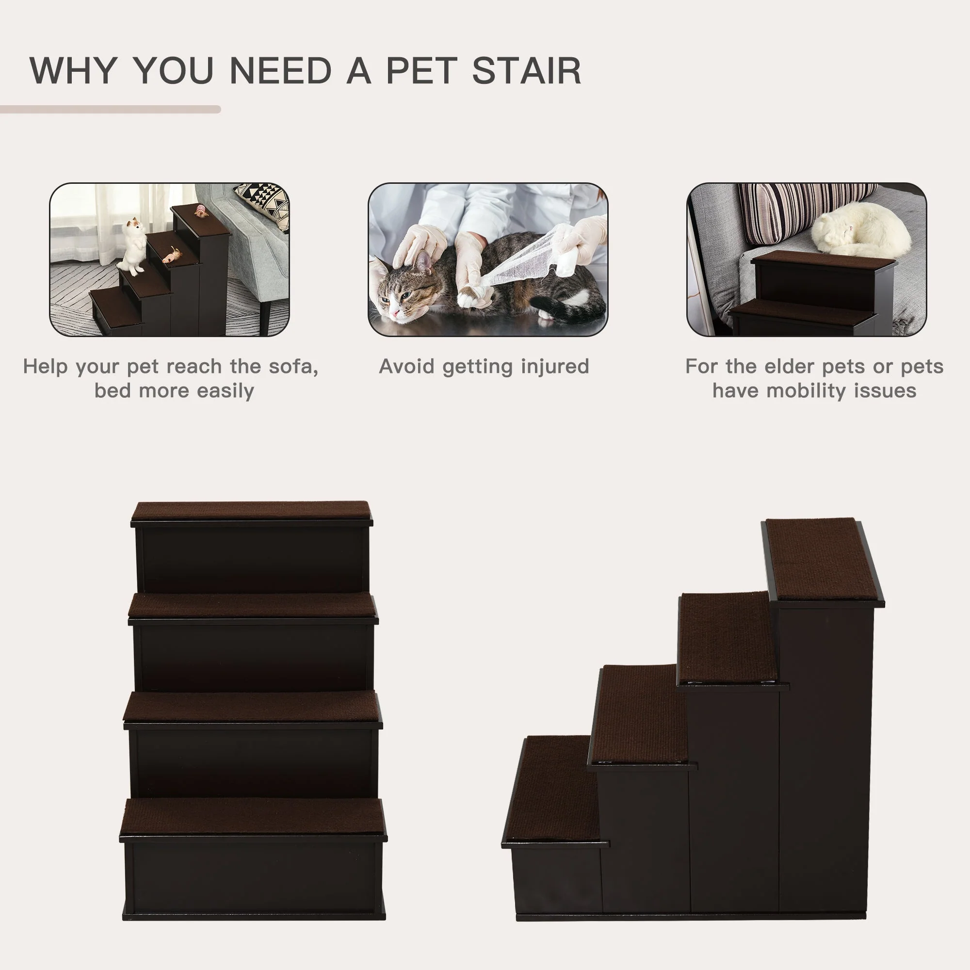 PawHut 4-Step Wooden Pet Stair Steps with Soft Short Plush Cushions Dog Ladder for Bed - Image 5