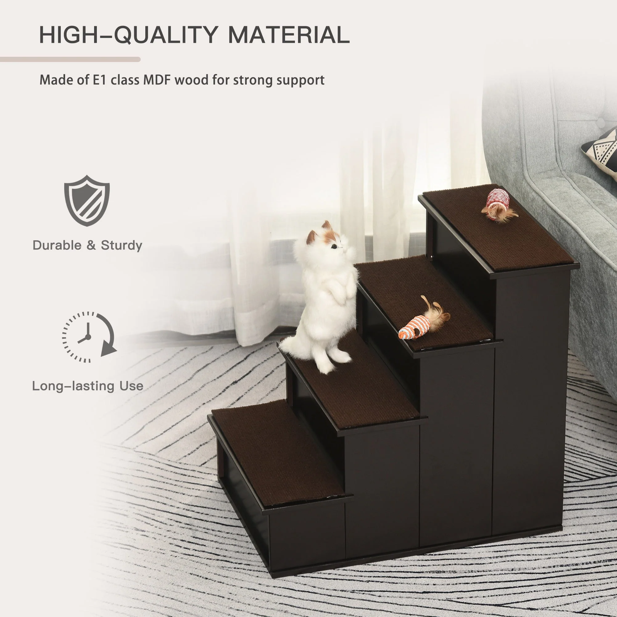 PawHut 4-Step Wooden Pet Stair Steps with Soft Short Plush Cushions Dog Ladder for Bed - Image 6