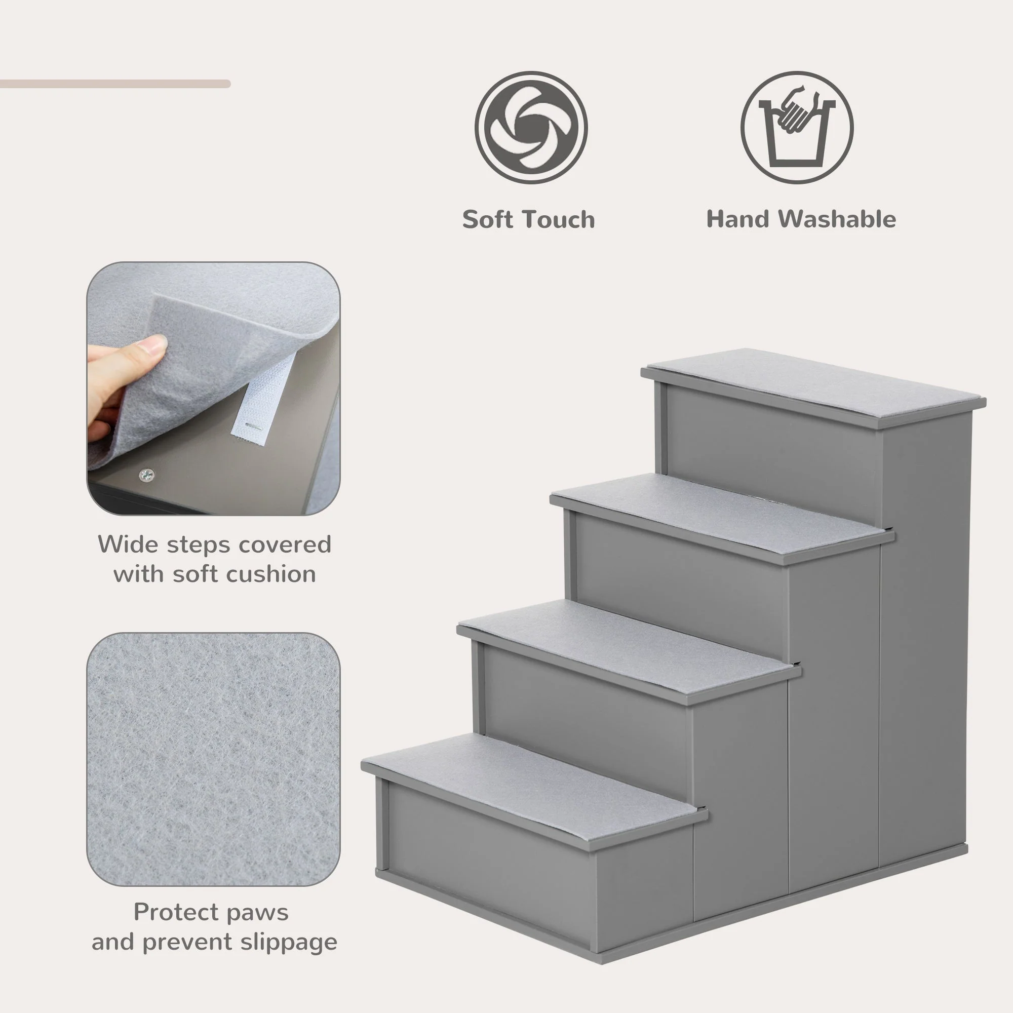 PawHut 4-Step Wooden Pet Stair Steps with Soft Short Plush Cushions Dog Ladder for Bed - Image 2