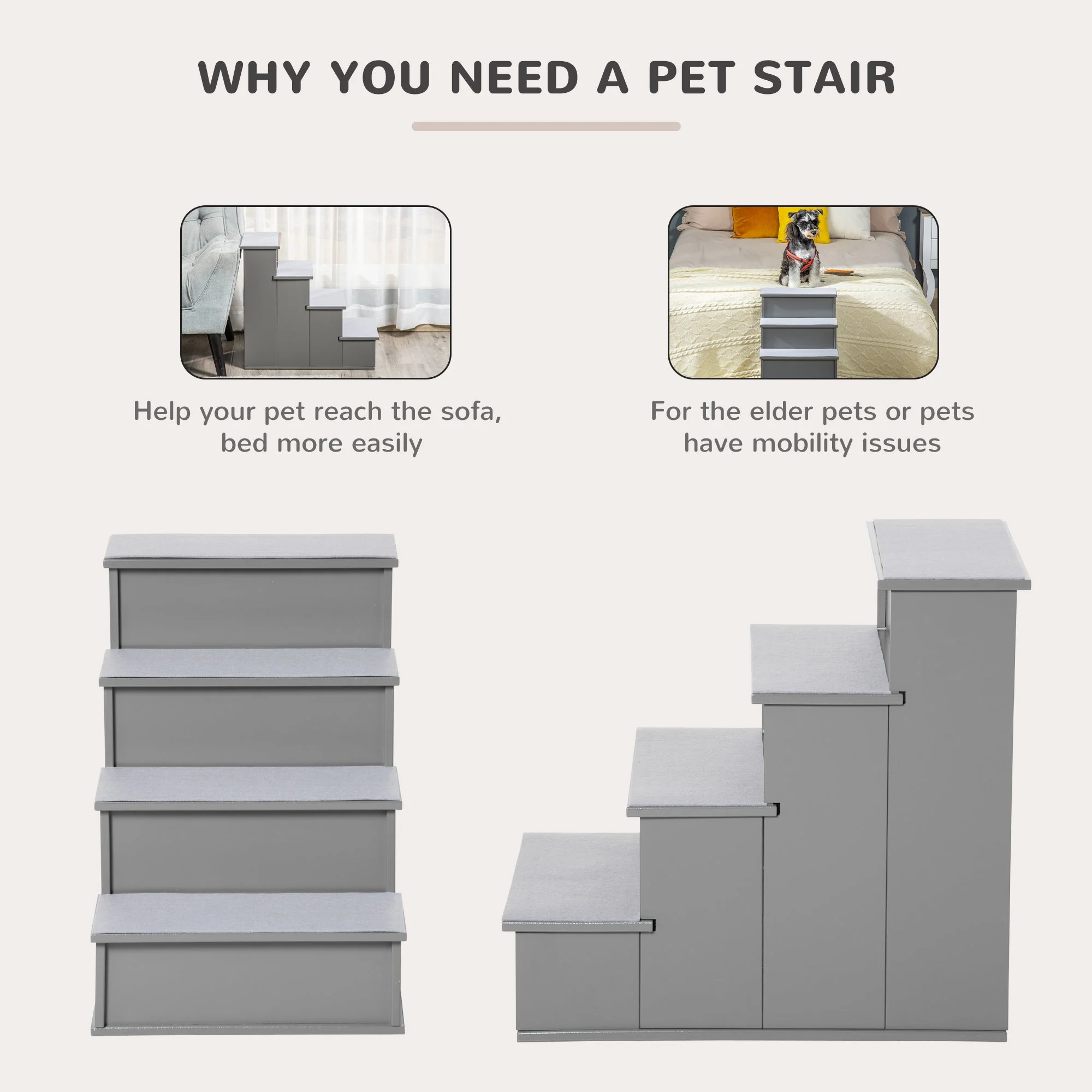 PawHut 4-Step Wooden Pet Stair Steps with Soft Short Plush Cushions Dog Ladder for Bed - Image 4