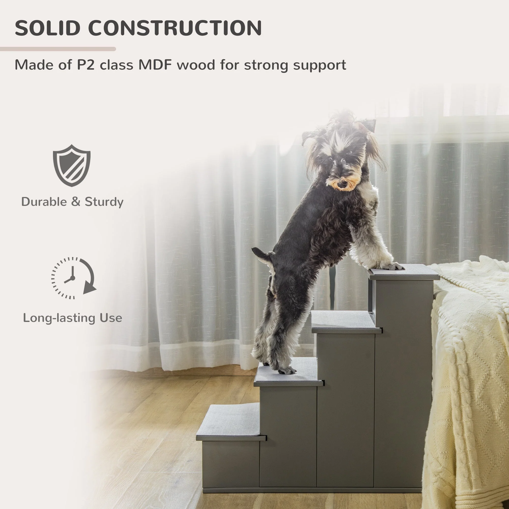 PawHut 4-Step Wooden Pet Stair Steps with Soft Short Plush Cushions Dog Ladder for Bed - Image 5