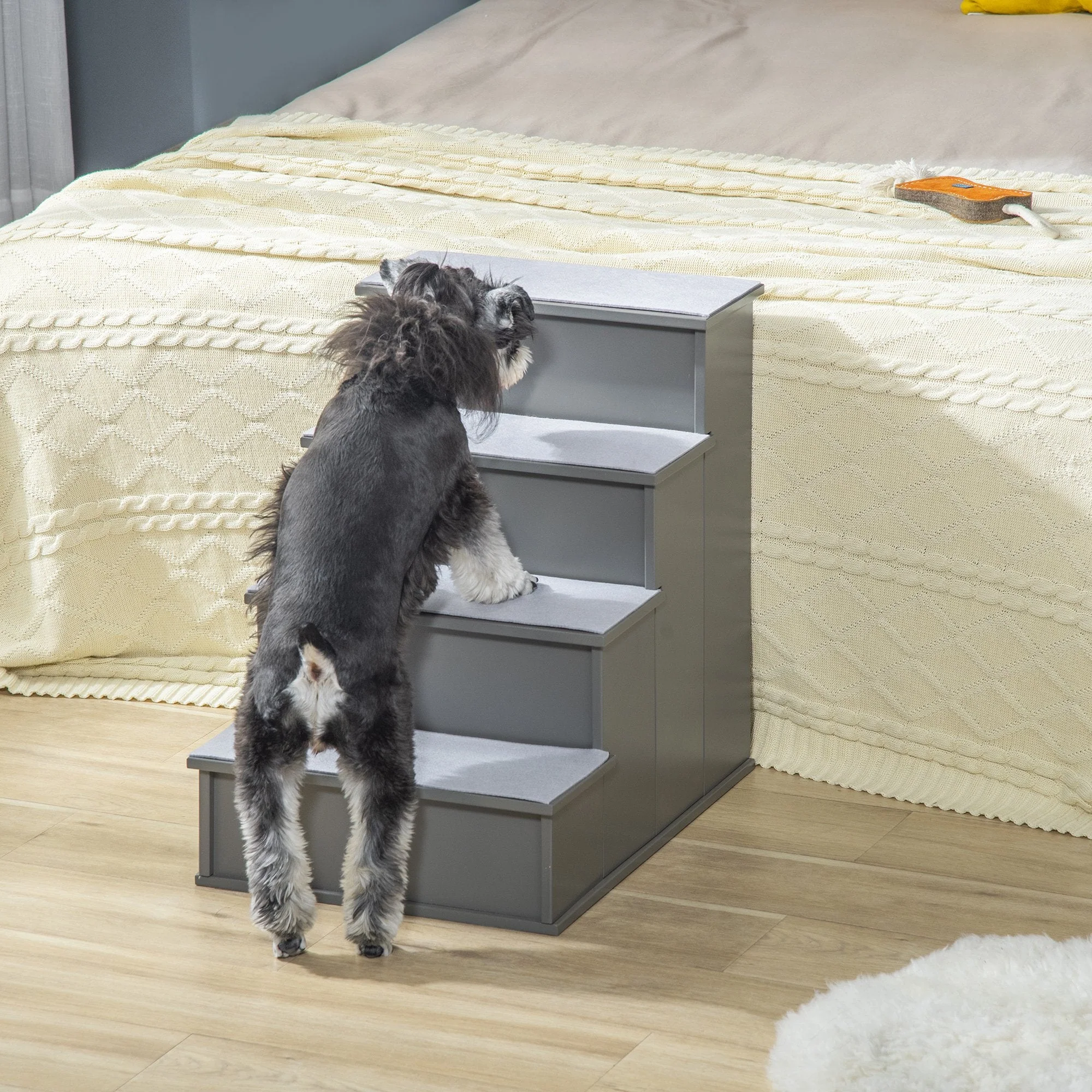 PawHut 4-Step Wooden Pet Stair Steps with Soft Short Plush Cushions Dog Ladder for Bed - Image 6
