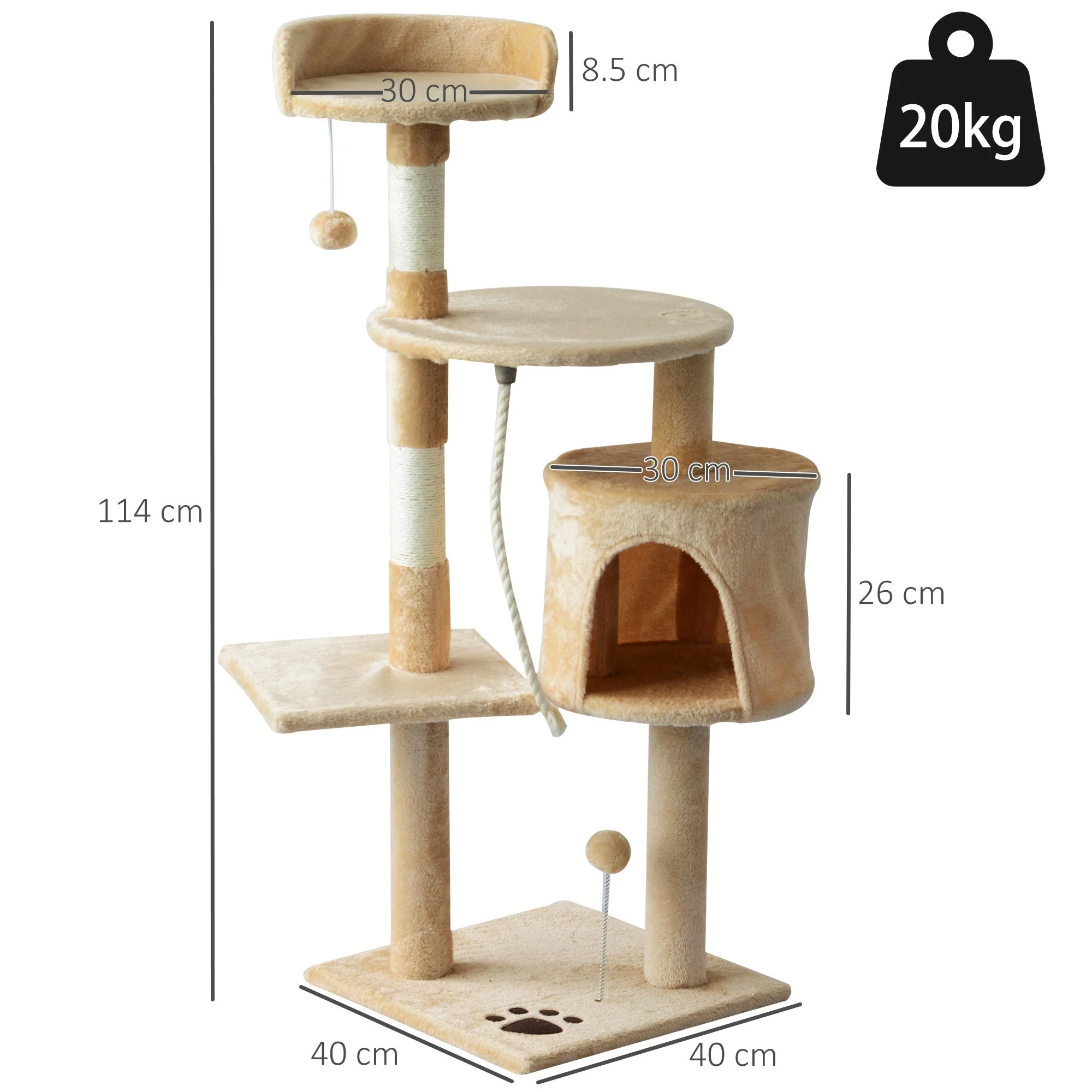 PawHut 40Lx 40Wx114H cm Cat Tree House Scratching Post Ball - Image 4