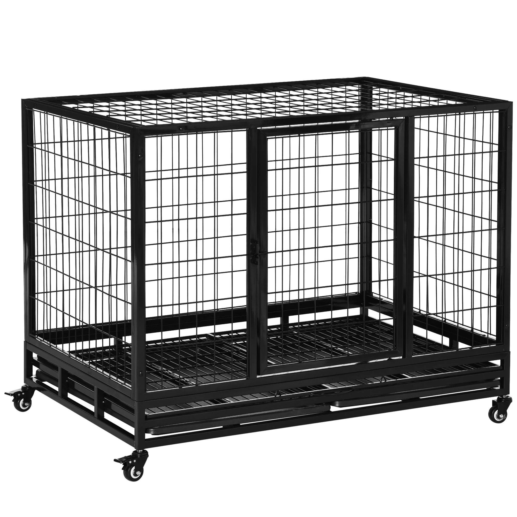 PawHut 43" Heavy Duty Metal Dog Crate Pet Cage with Tray Wheeled Dog Kennel - Black Large - Image 4