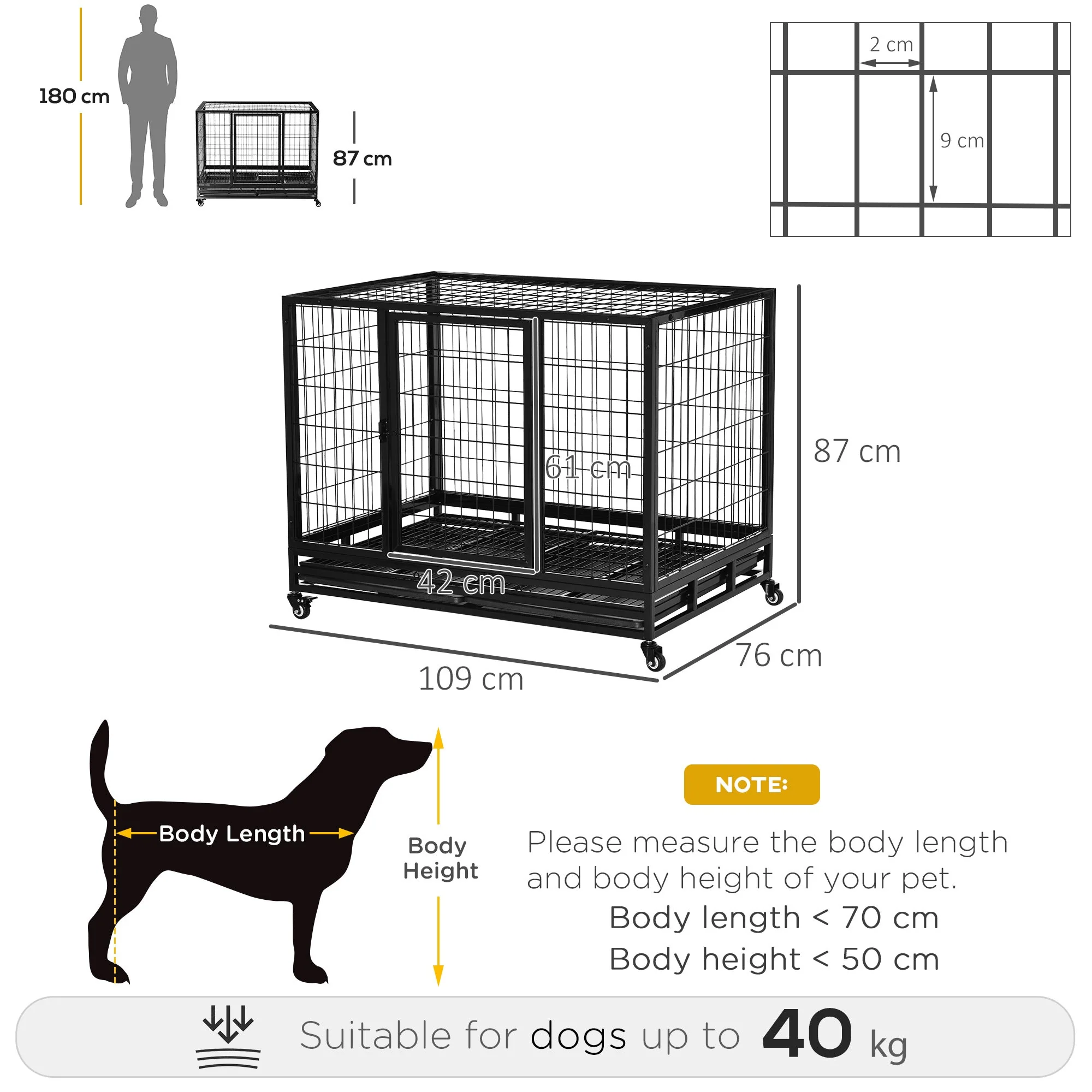 PawHut 43" Heavy Duty Metal Dog Crate Pet Cage with Tray Wheeled Dog Kennel - Black Large - Image 5