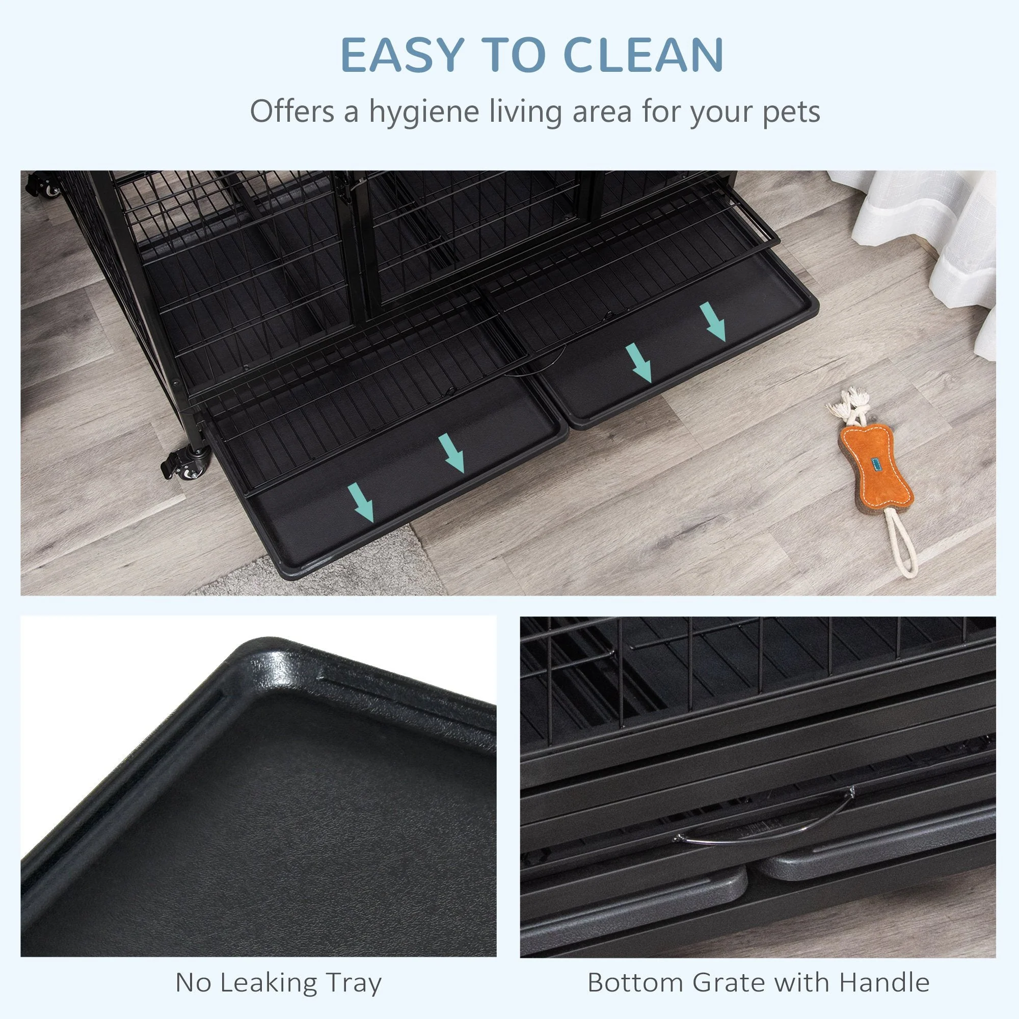 PawHut 43" Heavy Duty Metal Dog Crate Pet Cage with Tray Wheeled Dog Kennel - Black Large - Image 7