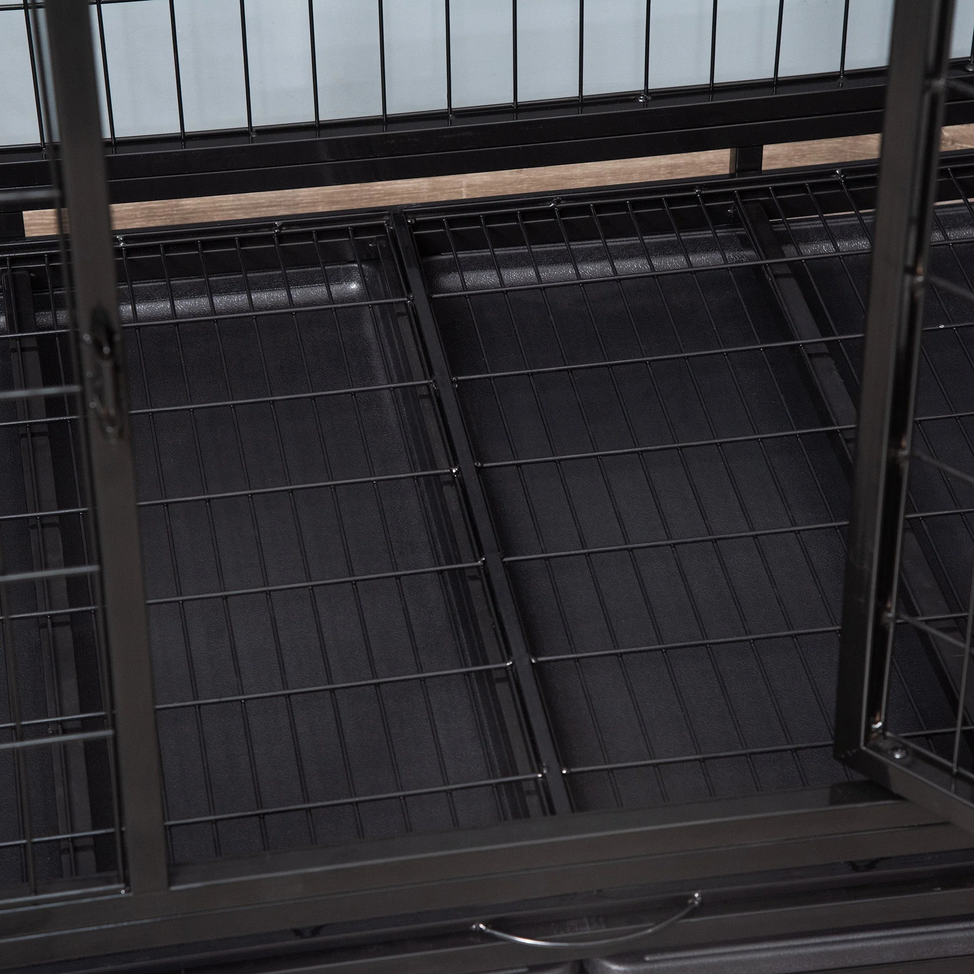 PawHut 43" Heavy Duty Metal Dog Crate Pet Cage with Tray Wheeled Dog Kennel - Black Large - Image 9