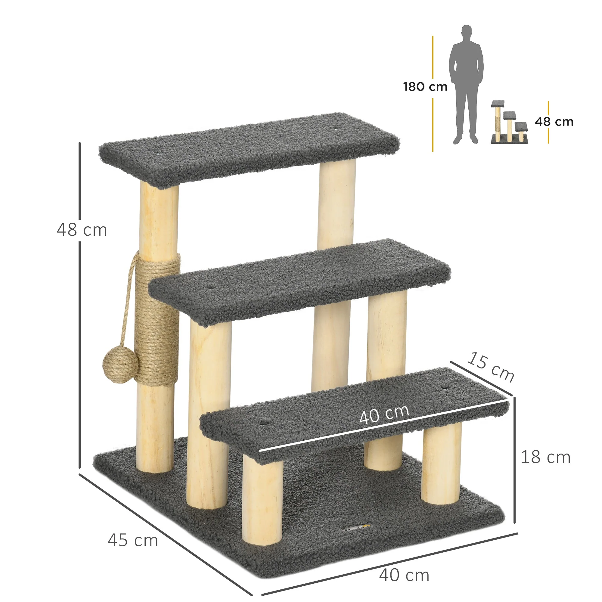 PawHut 48cm Three-Step Cat Tree - Image 2