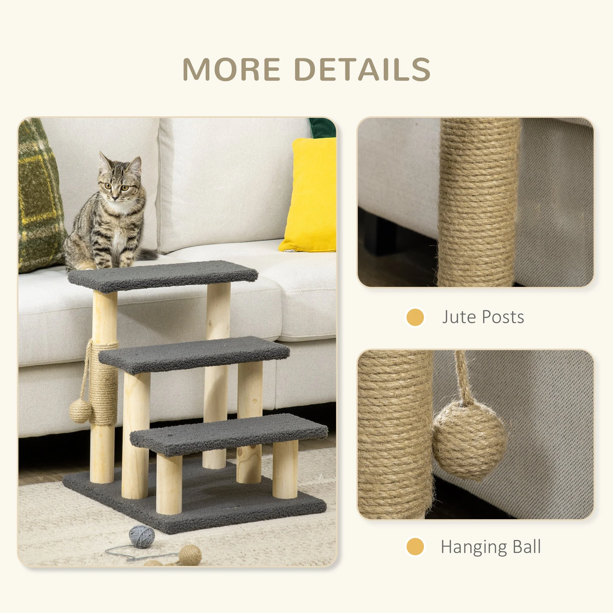 PawHut 48cm Three-Step Cat Tree - Image 3