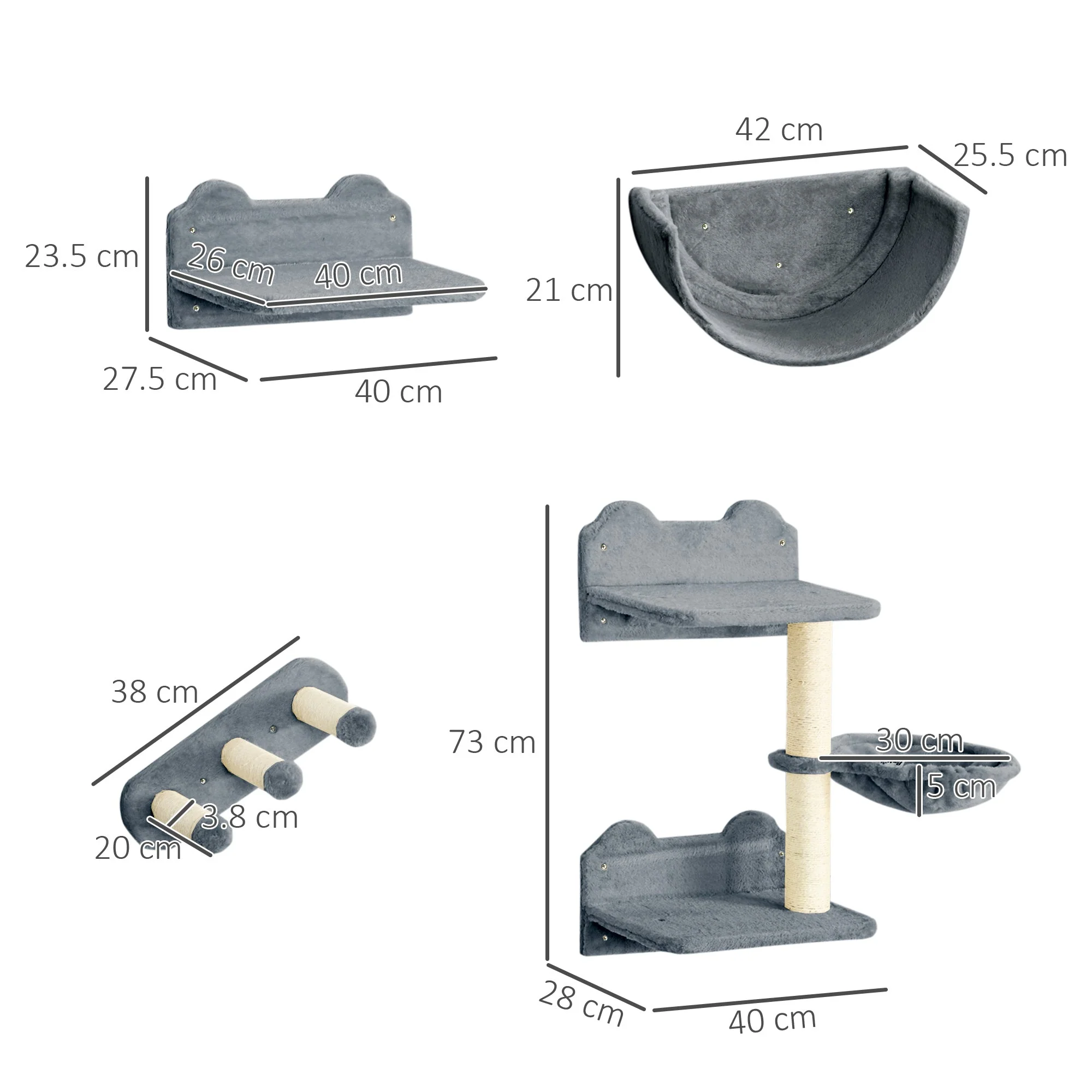 PawHut 4PCs Wall-Mounted Cat Shelves w/ Scratching Post - Image 3