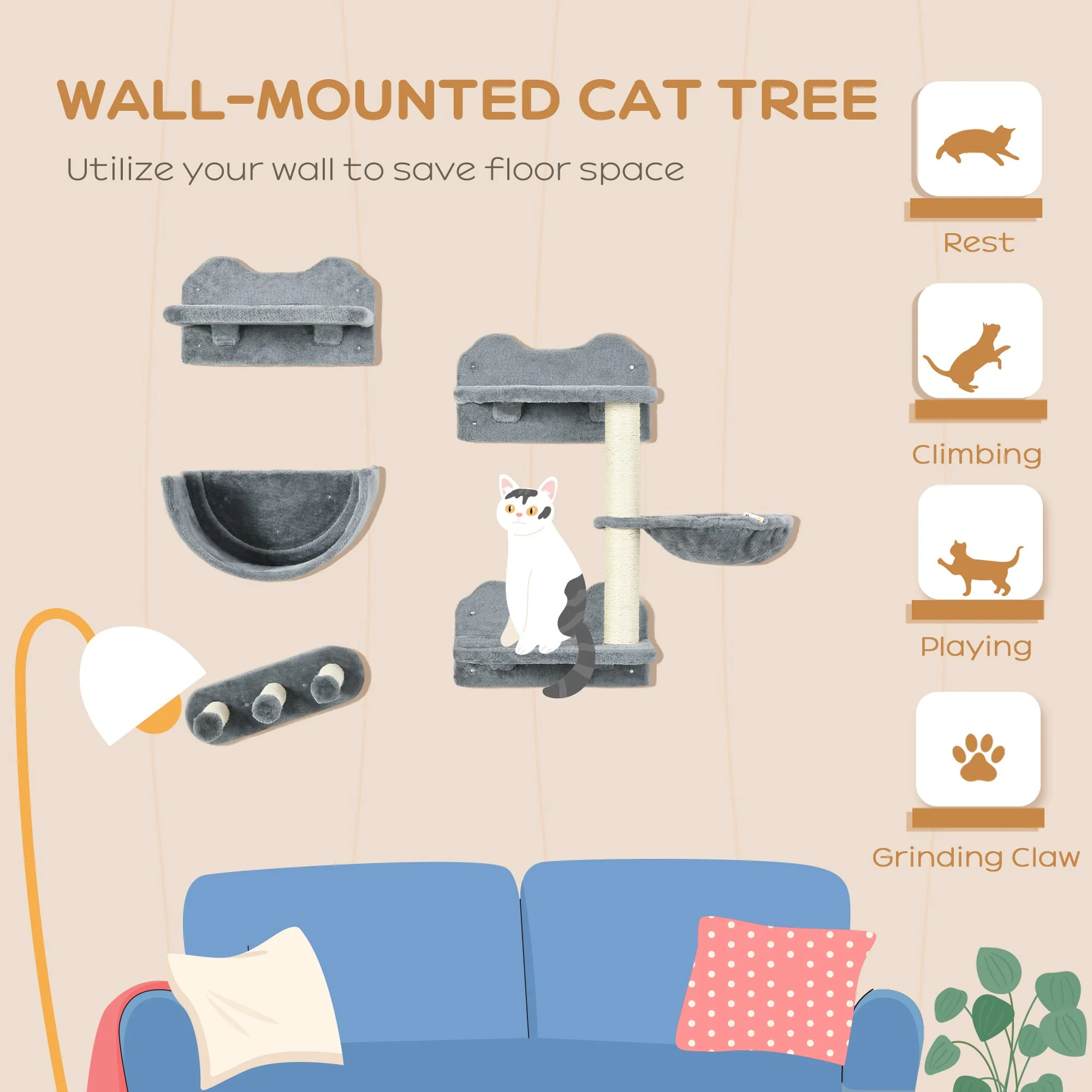 PawHut 4PCs Wall-Mounted Cat Shelves w/ Scratching Post - Image 4