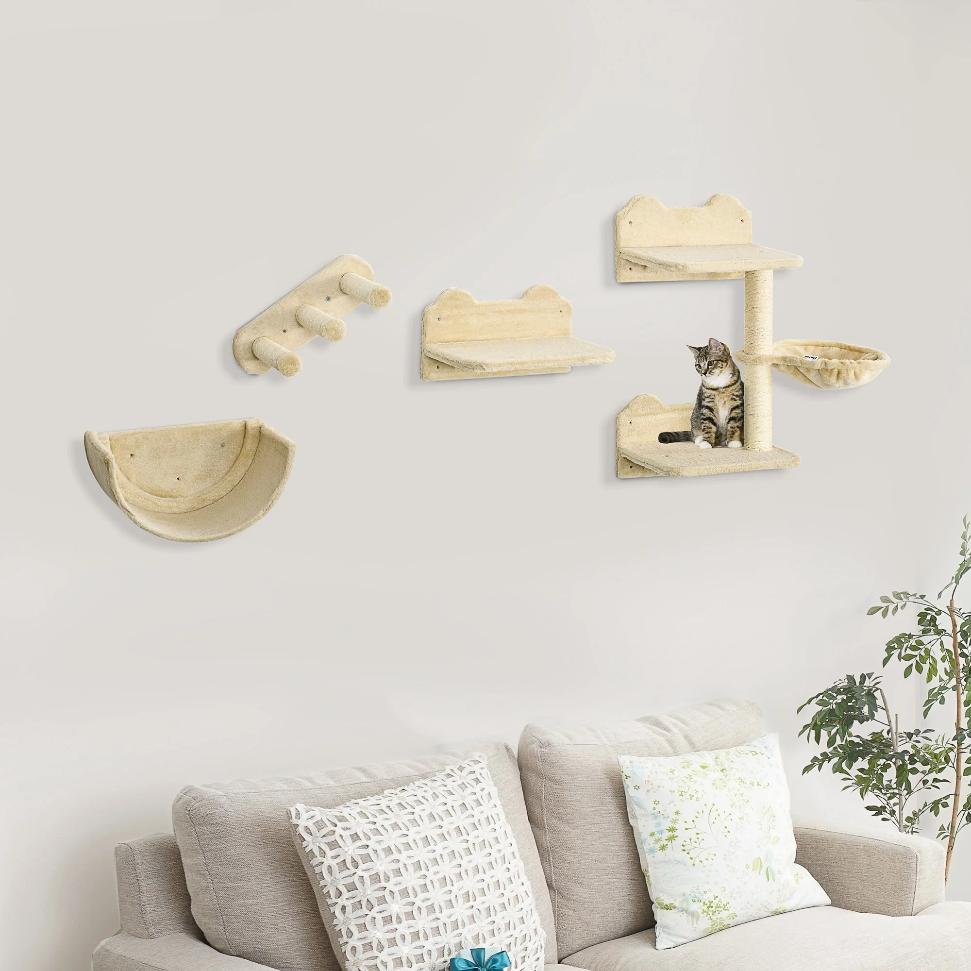 PawHut 4PCs Wall-Mounted Cat Shelves w/ Scratching Post - Image 4