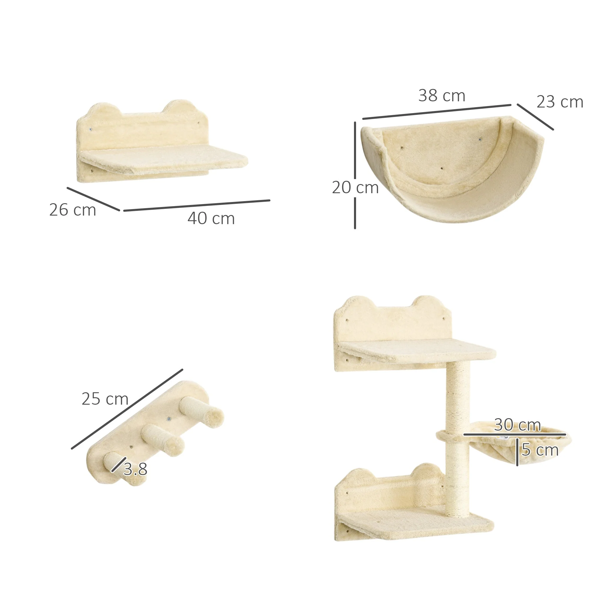 PawHut 4PCs Wall-Mounted Cat Shelves w/ Scratching Post - Image 5