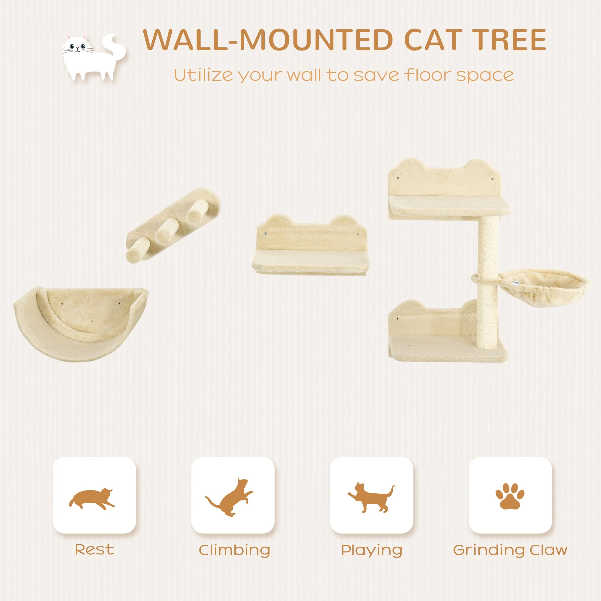 PawHut 4PCs Wall-Mounted Cat Shelves w/ Scratching Post - Image 6