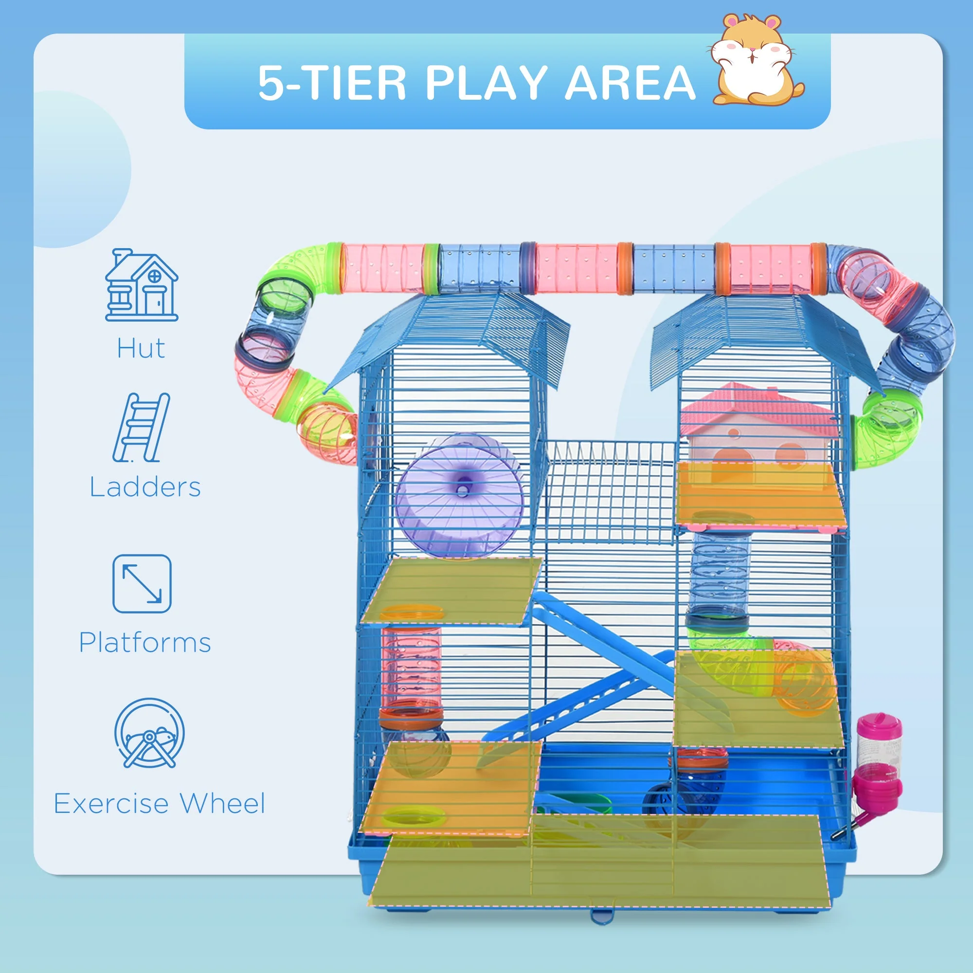 PawHut 5 Tier Hamster Cage Carrier Habitat with Exercise Wheels Tunnel Tube Water Bottle Dishes House Ladder for Dwarf Mice - Image 2