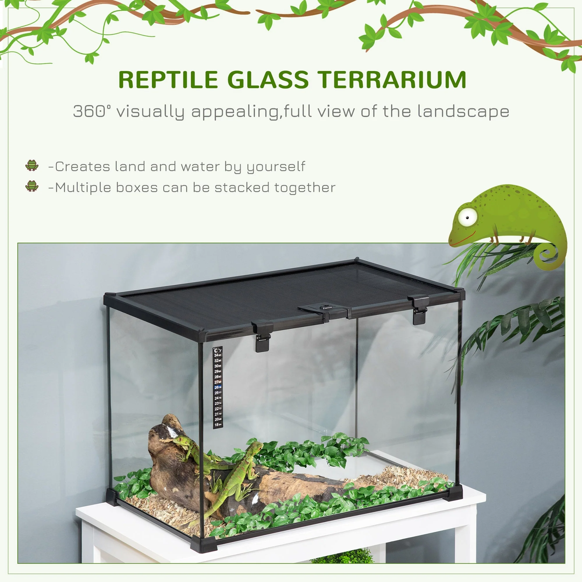Pawhut 50 X 30 X 35 cm Reptile Terrarium For Lizards Horned Frogs Snakes Black - Image 3