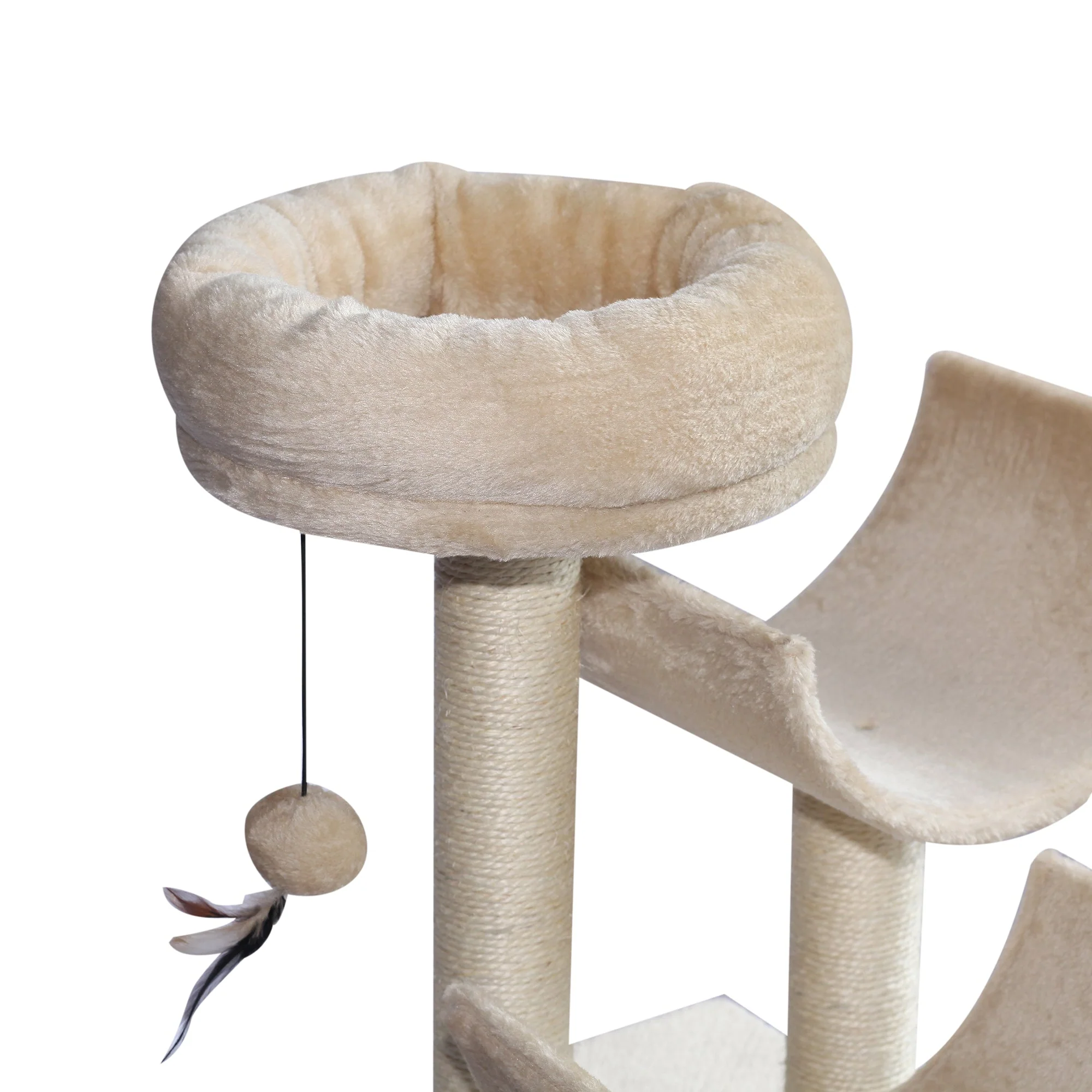 PawHut 50Lx40Wx105H cm Cats 6-Tier Scratch Tree w/ Dangle Toy Beige - Image 2