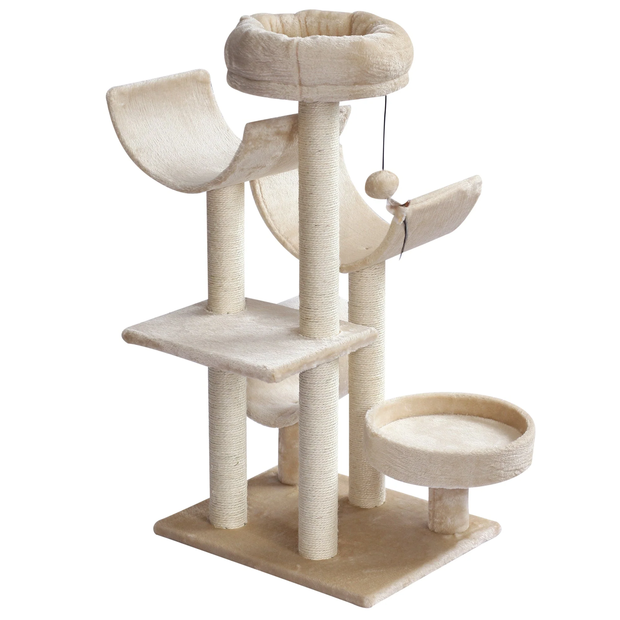 PawHut 50Lx40Wx105H cm Cats 6-Tier Scratch Tree w/ Dangle Toy Beige - Image 5
