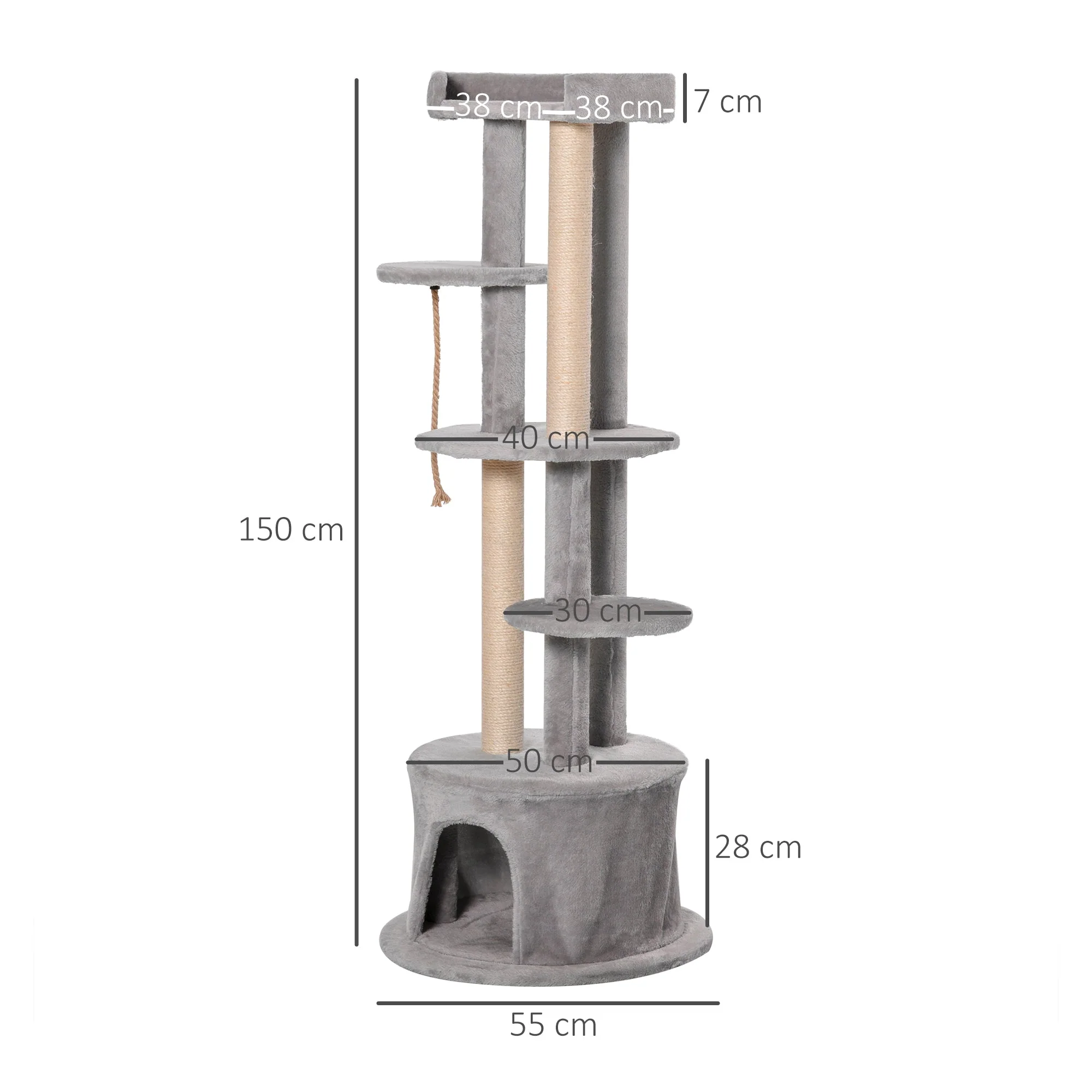 PawHut 55 x 150H cm Cat Tree Multi-level Kitten Tower w/ Scratching Post Condo Plush Perches Grey - Image 4