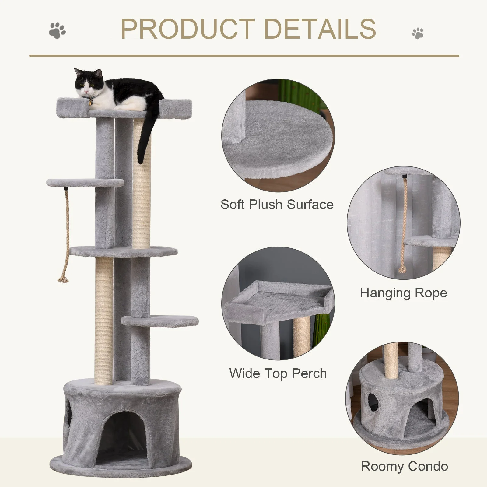 PawHut 55 x 150H cm Cat Tree Multi-level Kitten Tower w/ Scratching Post Condo Plush Perches Grey - Image 5
