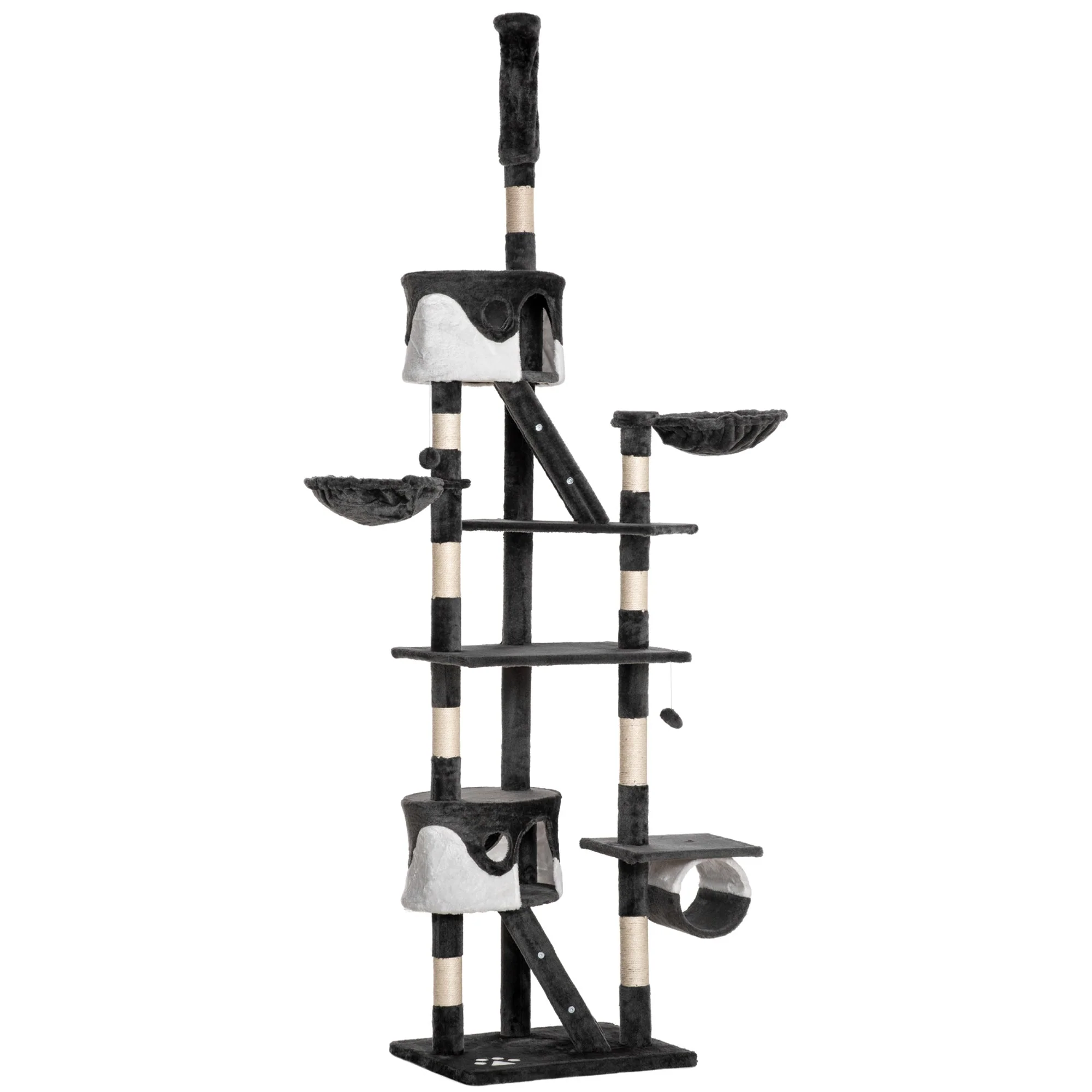 PawHut 60L x 45W x 240-260H cm Cat Tree Kitten Condo Fun House Adjustable Grey & White - Image 4