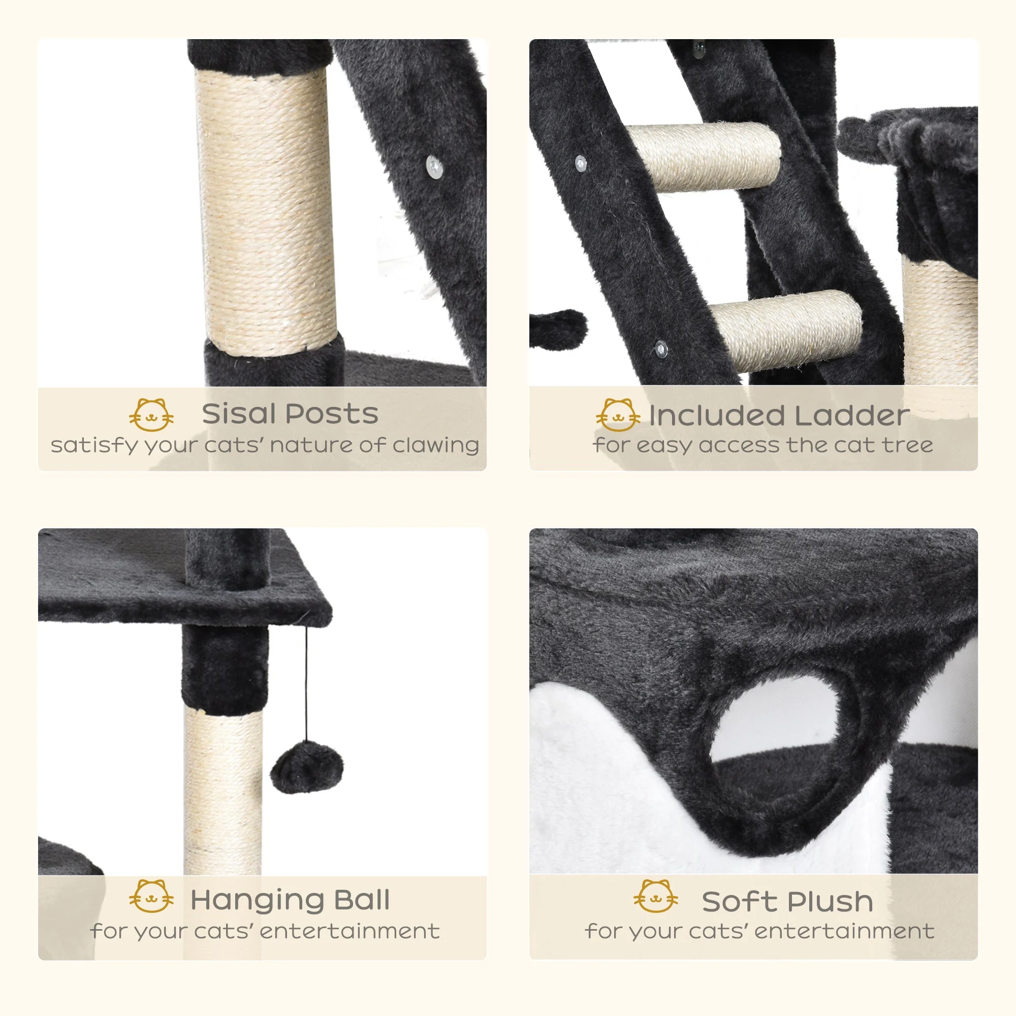 PawHut 60L x 45W x 240-260H cm Cat Tree Kitten Condo Fun House Adjustable Grey & White - Image 6