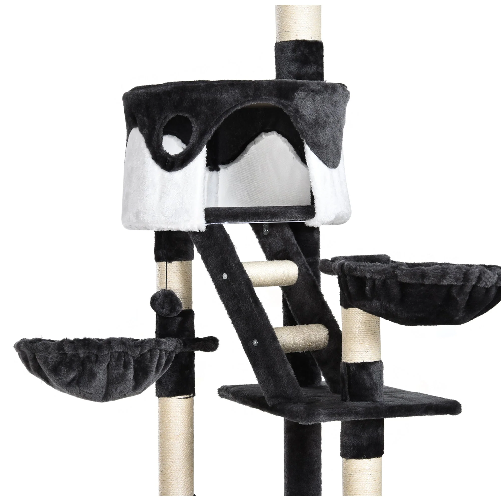 PawHut 60L x 45W x 240-260H cm Cat Tree Kitten Condo Fun House Adjustable Grey & White - Image 8