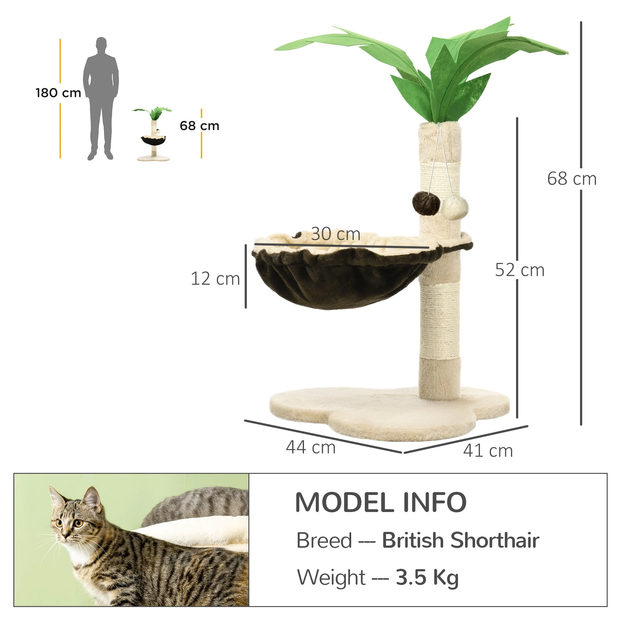 PawHut 68cm Palm Tree Shaped Cat Tree w/ Hammock - Image 6