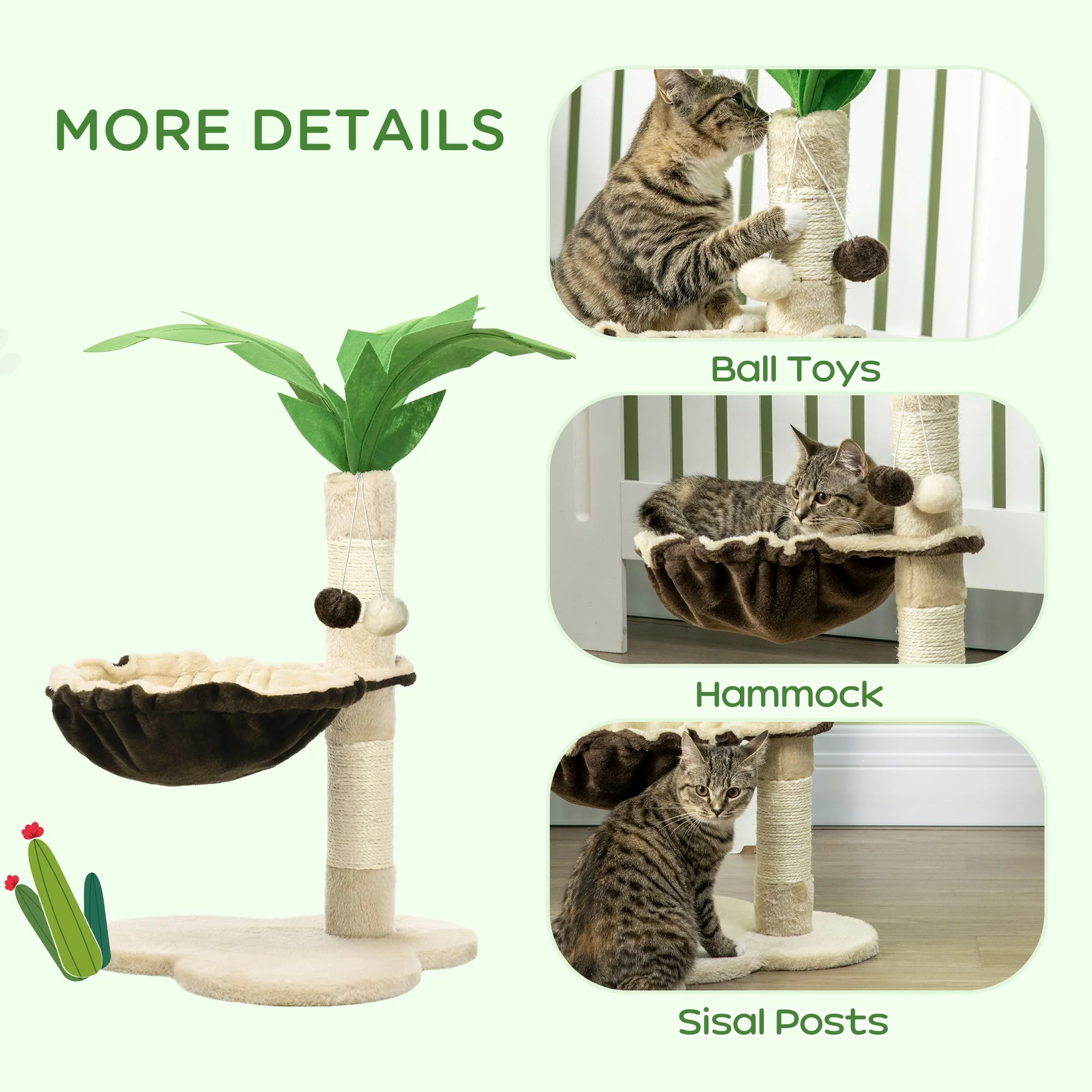 PawHut 68cm Palm Tree Shaped Cat Tree w/ Hammock - Image 7