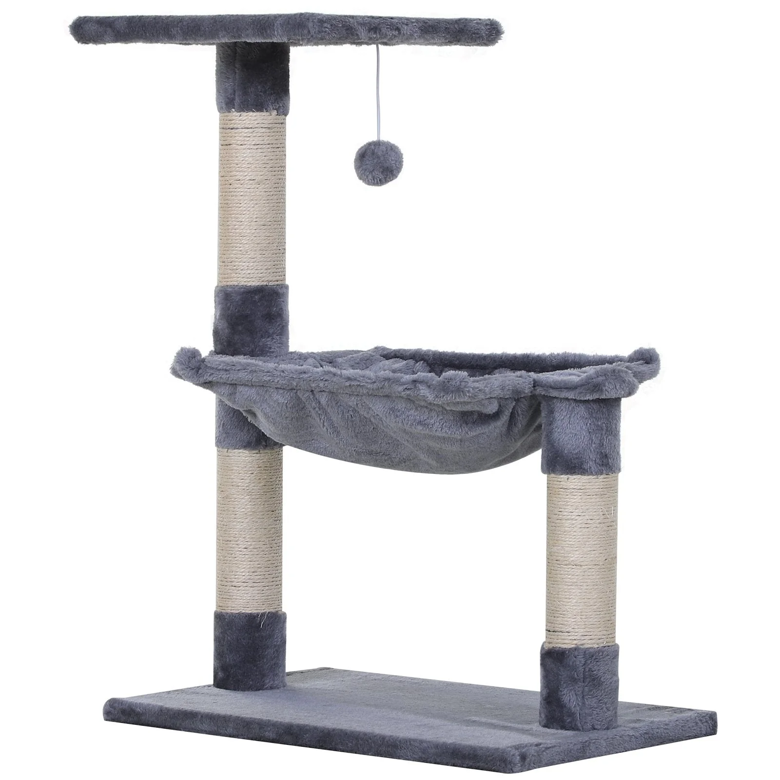 PawHut 70cm Cat Tree for Indoor Cats Durable Natural Sisal Scratching Posts Hammock Bed Kitty Activity Center Grey - Image 2