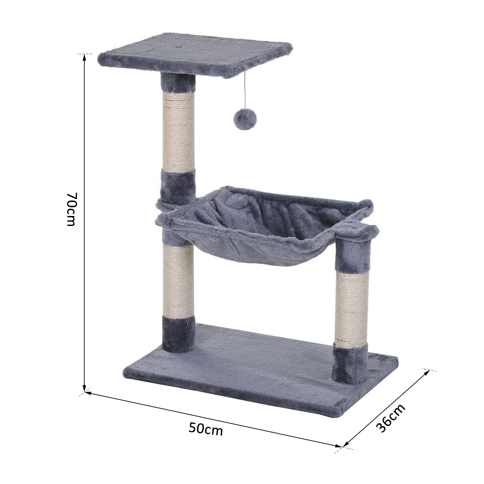 PawHut 70cm Cat Tree for Indoor Cats Durable Natural Sisal Scratching Posts Hammock Bed Kitty Activity Center Grey - Image 4