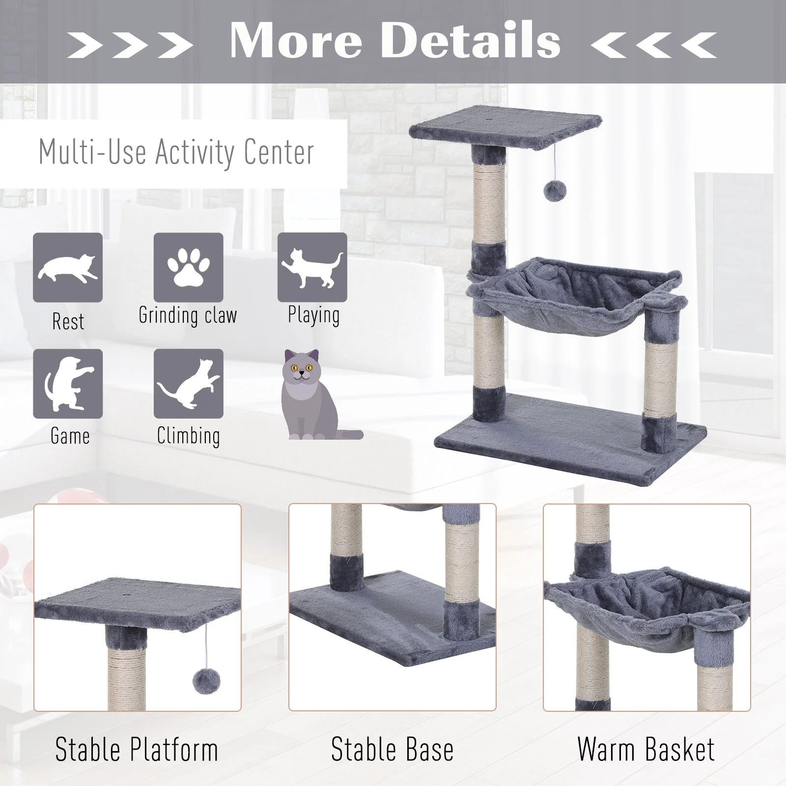 PawHut 70cm Cat Tree for Indoor Cats Durable Natural Sisal Scratching Posts Hammock Bed Kitty Activity Center Grey - Image 6
