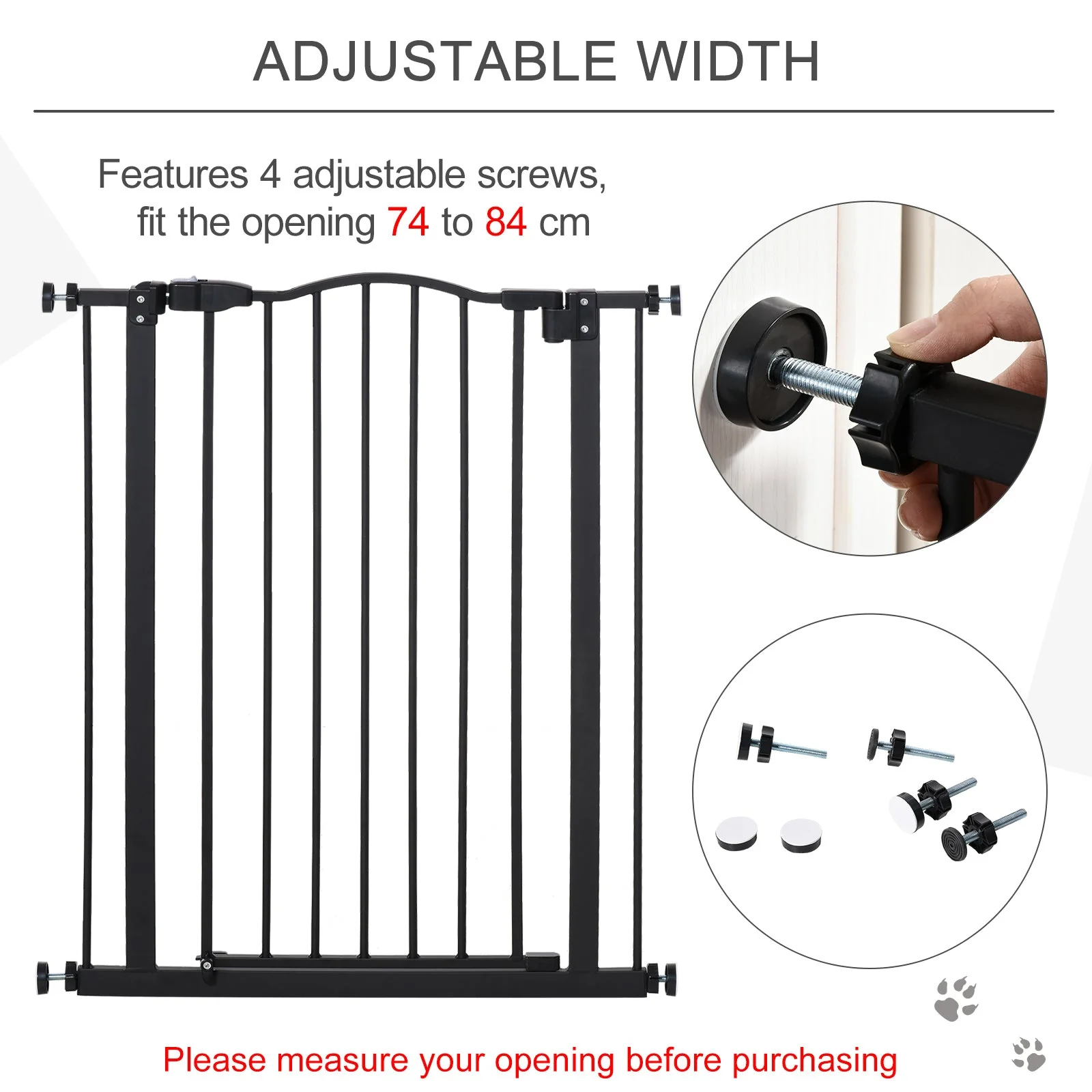 PawHut 74-84cm Adjustable Metal Pet Gate Safety Barrier w/ Auto-Close Door Black - Image 2