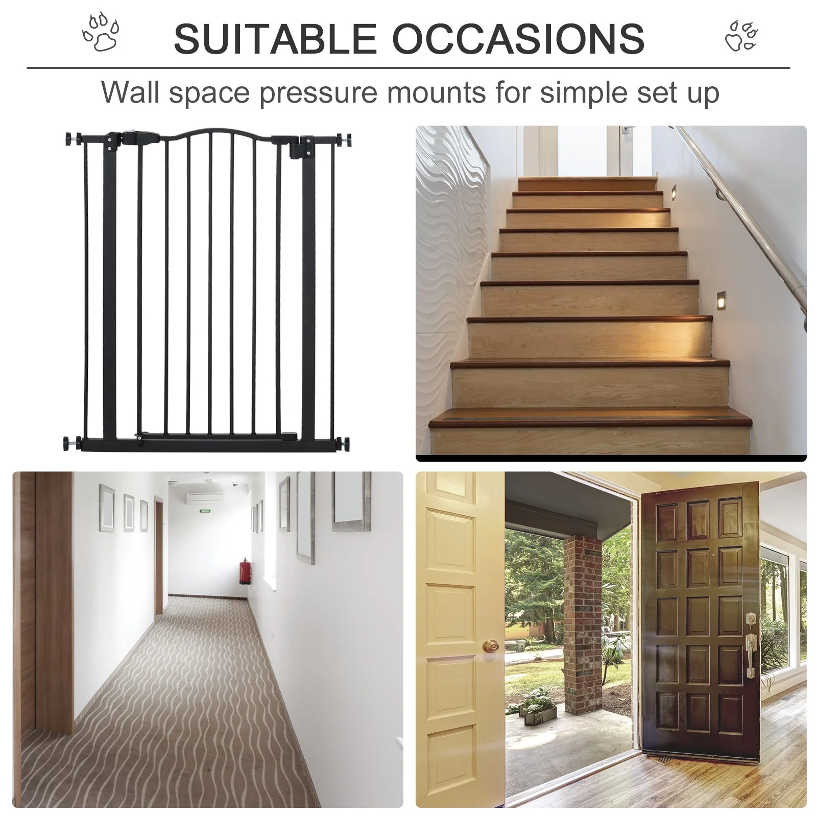 PawHut 74-84cm Adjustable Metal Pet Gate Safety Barrier w/ Auto-Close Door Black - Image 7