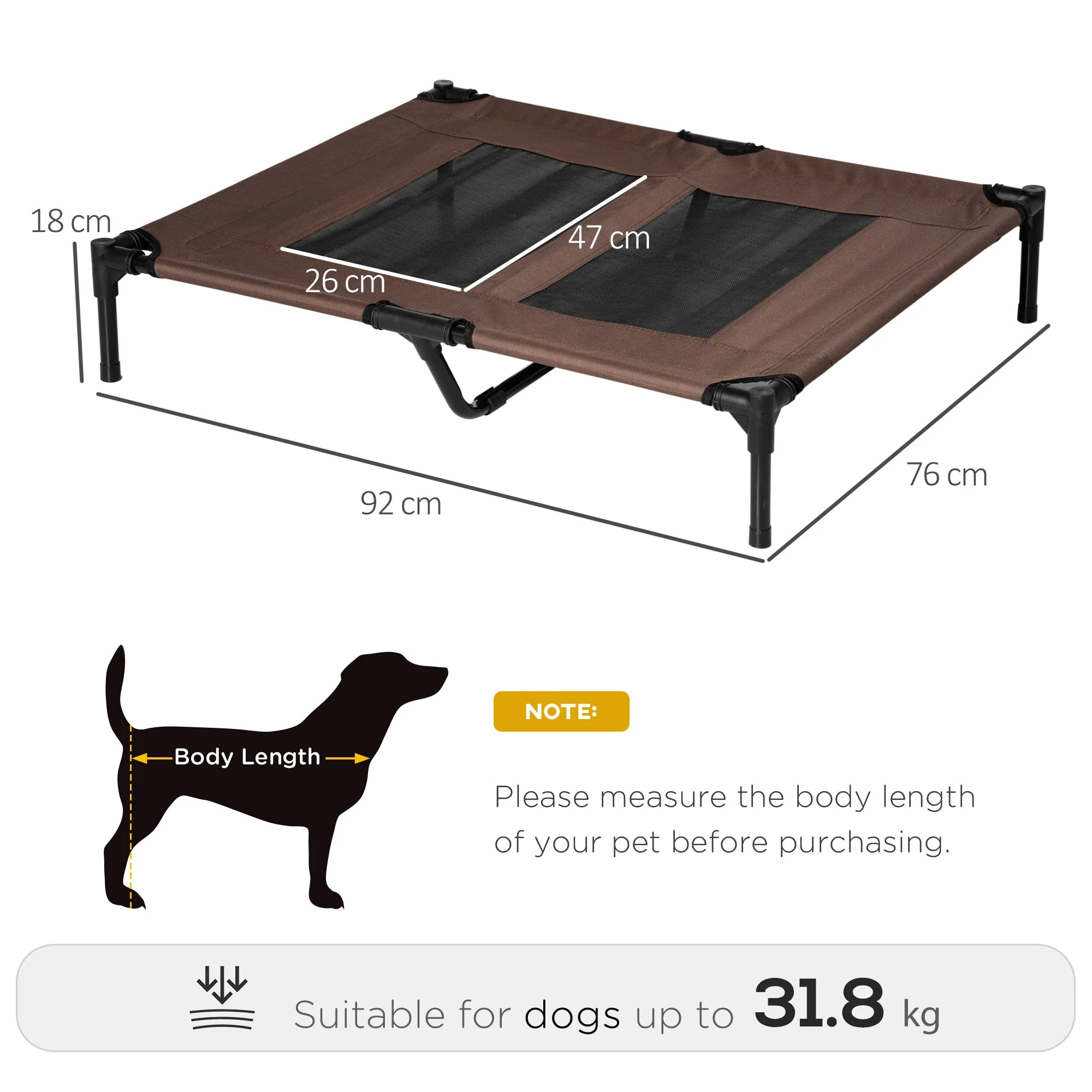 PawHut 91.5Lx76.2Wx18H cm Elevated Pet Bed-Brown/Black Frame - Image 2