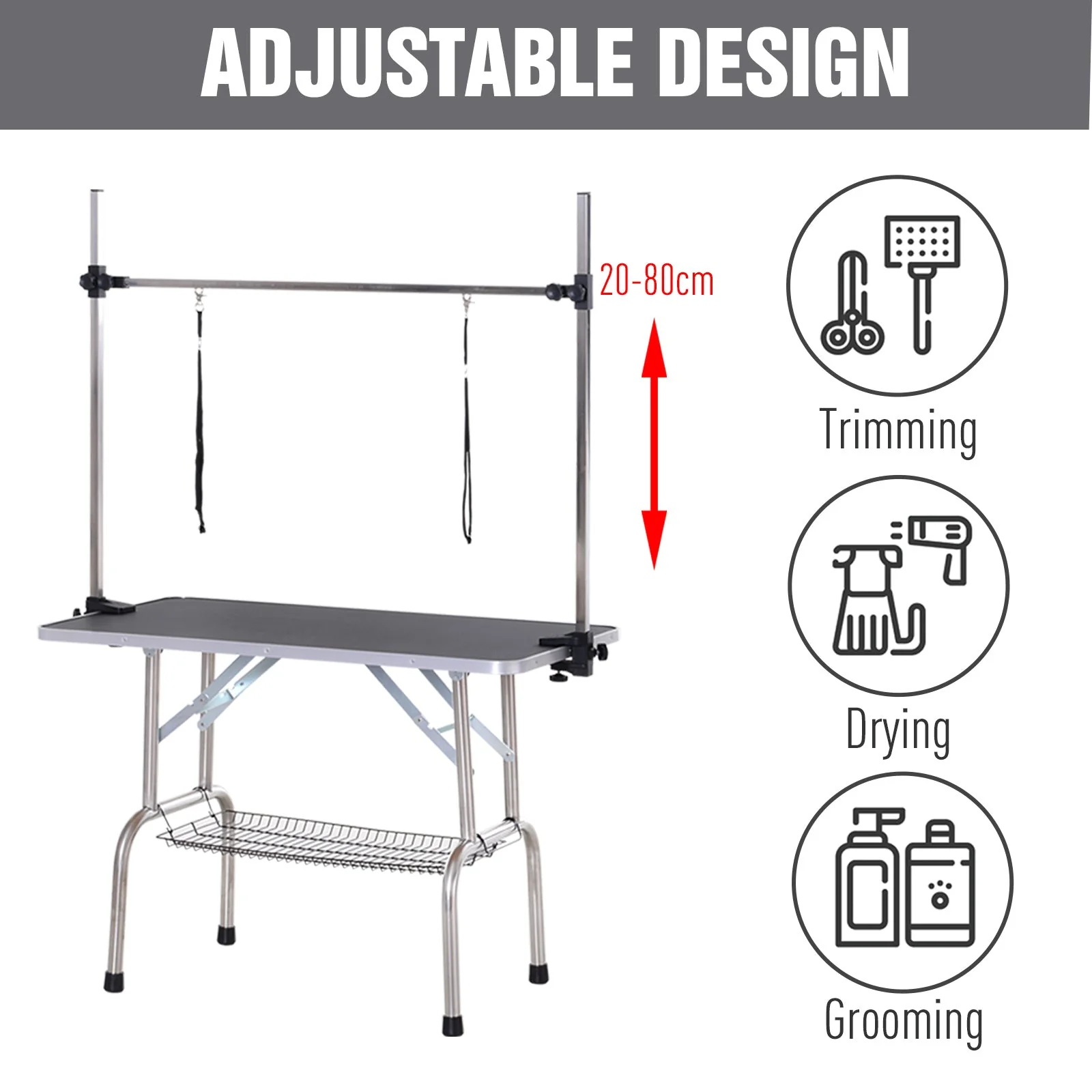 Pawhut Adjustable Dog Grooming Table Rubber Top 2 Safety Slings Mesh Storage Basket Heavy Metal Black 107 X 60 X 170cm - Image 3