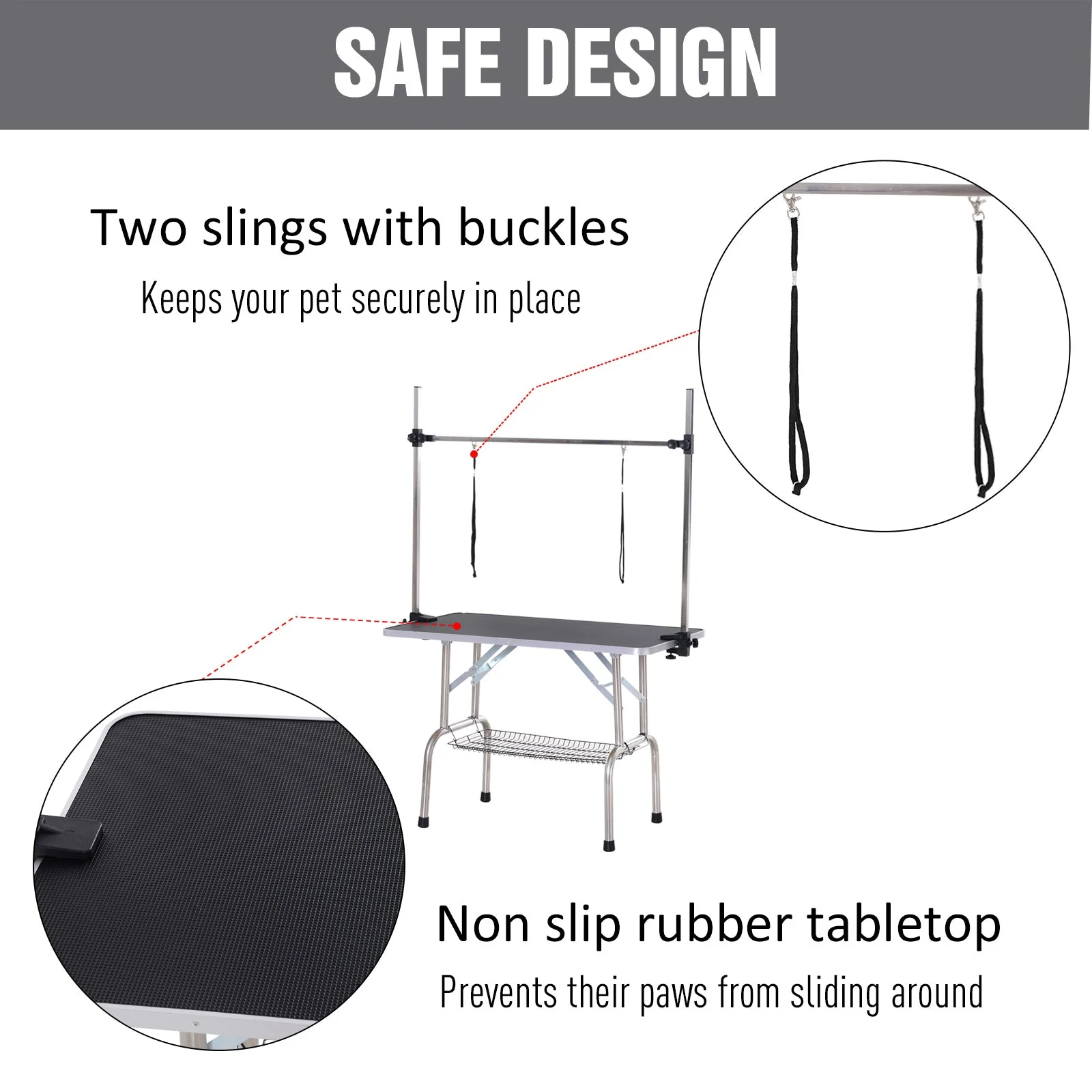 Pawhut Adjustable Dog Grooming Table Rubber Top 2 Safety Slings Mesh Storage Basket Heavy Metal Black 107 X 60 X 170cm - Image 5