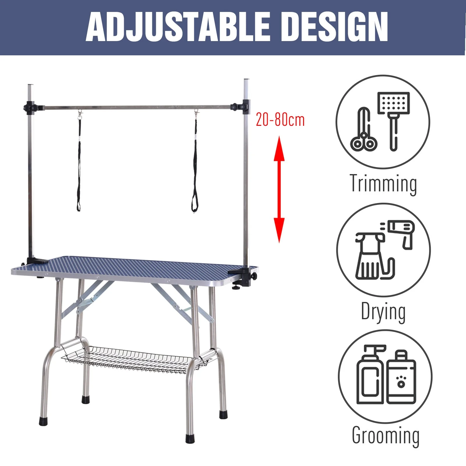 Pawhut Adjustable Dog Grooming Table Rubber Top 2 Safety Slings Mesh Storage Basket Heavy Metal Blue 107 X 60 X 170cm - Image 3