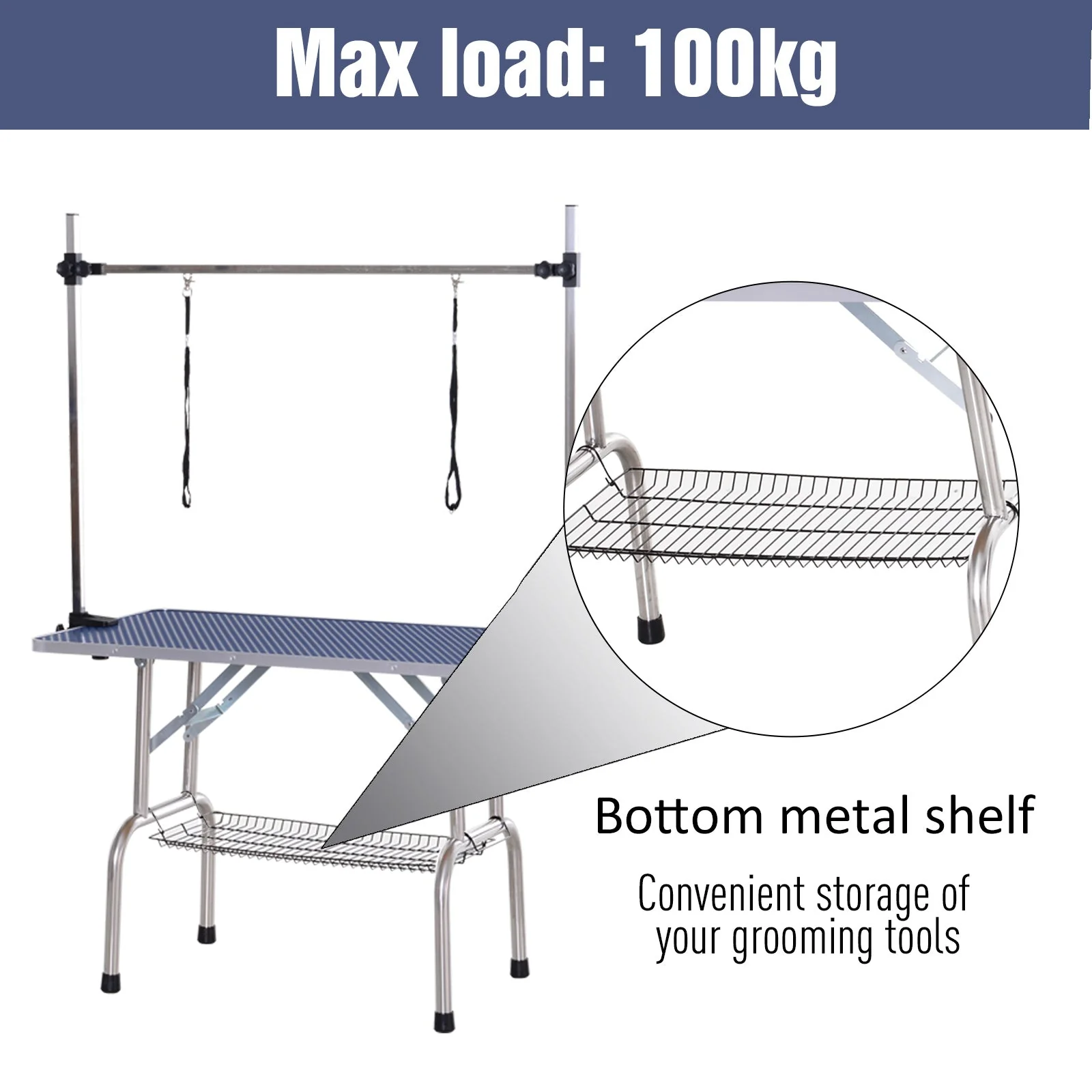 Pawhut Adjustable Dog Grooming Table Rubber Top 2 Safety Slings Mesh Storage Basket Heavy Metal Blue 107 X 60 X 170cm - Image 4