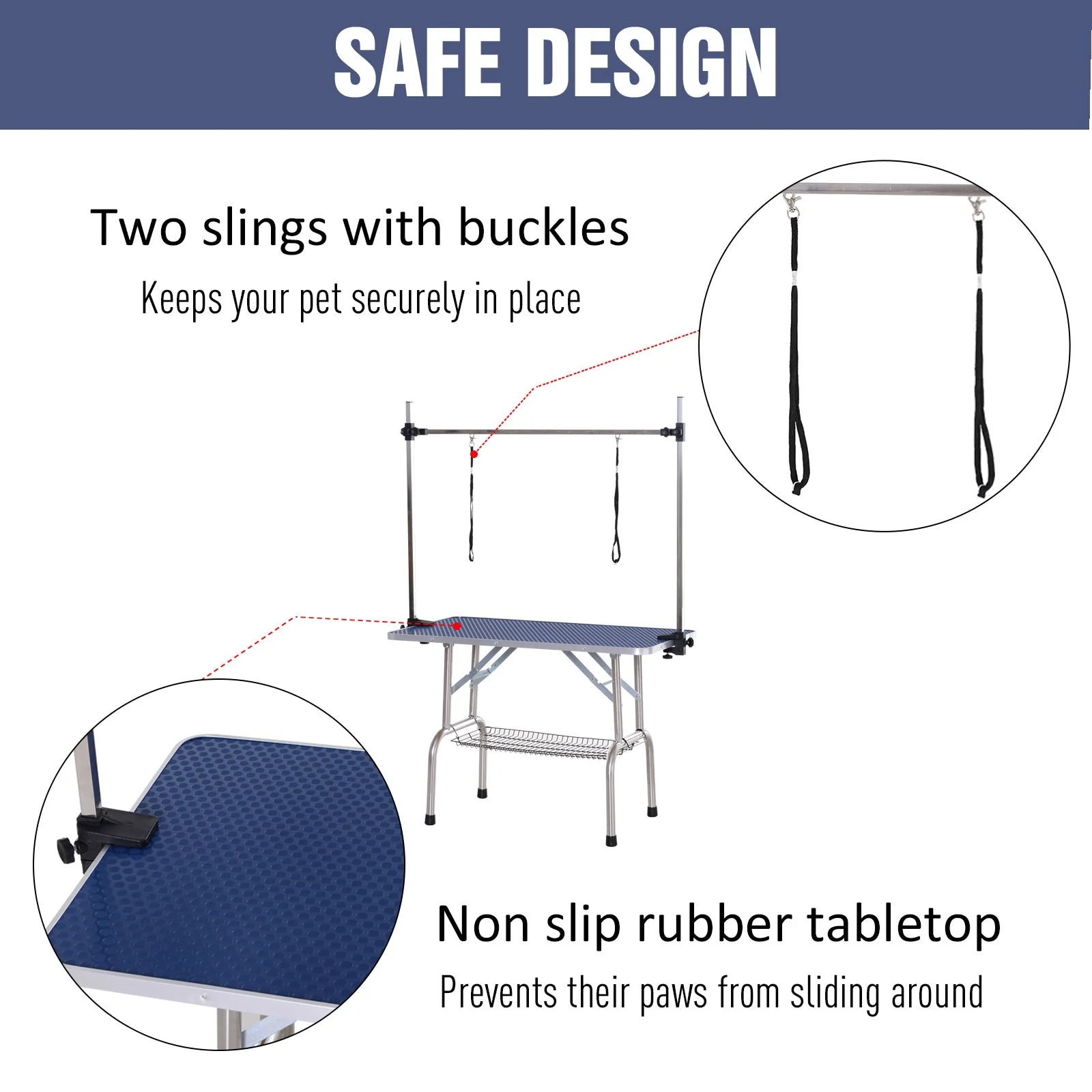 Pawhut Adjustable Dog Grooming Table Rubber Top 2 Safety Slings Mesh Storage Basket Heavy Metal Blue 107 X 60 X 170cm - Image 5