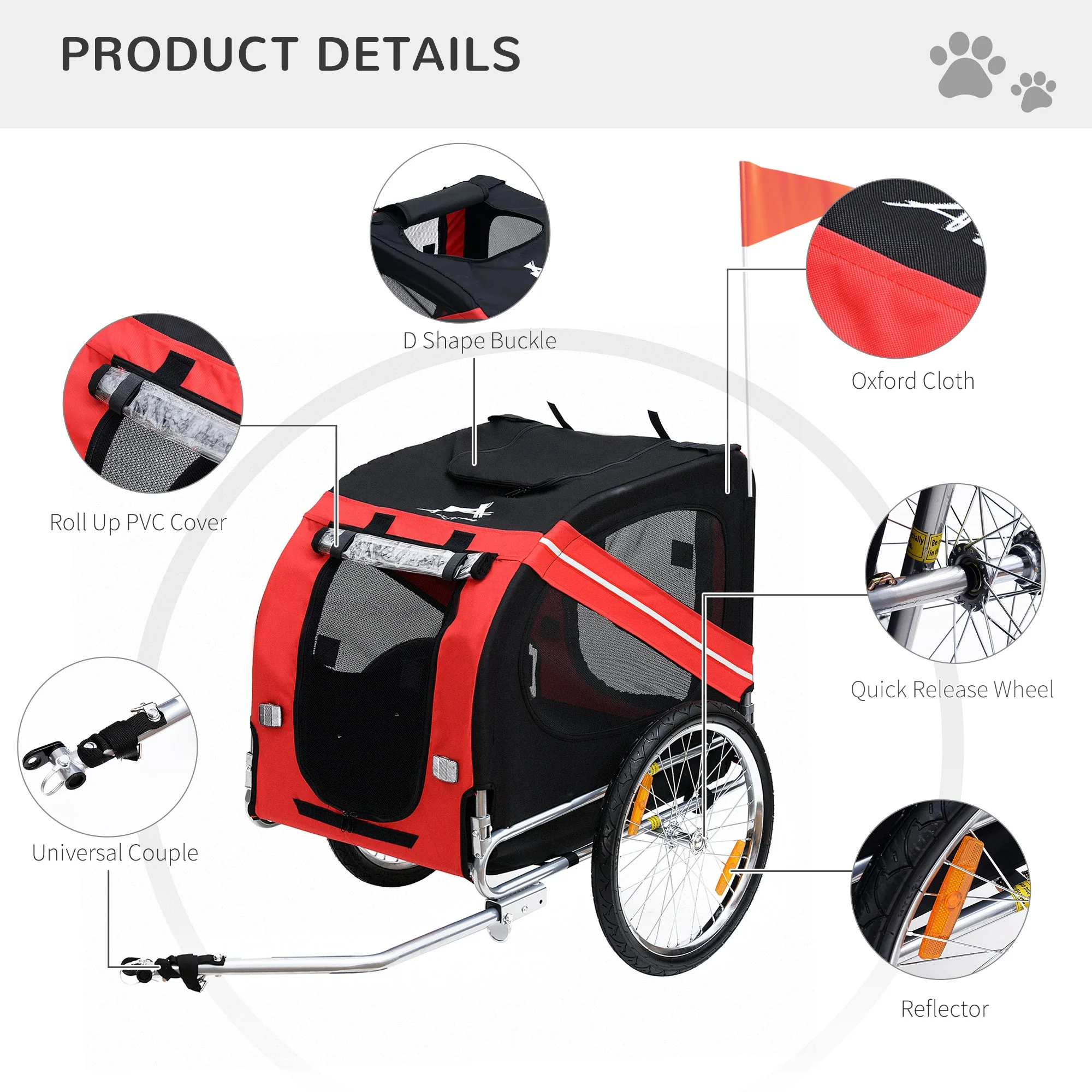 PawHut Bicycle Pet Trailer in Steel Frame-Red/Black - Image 4