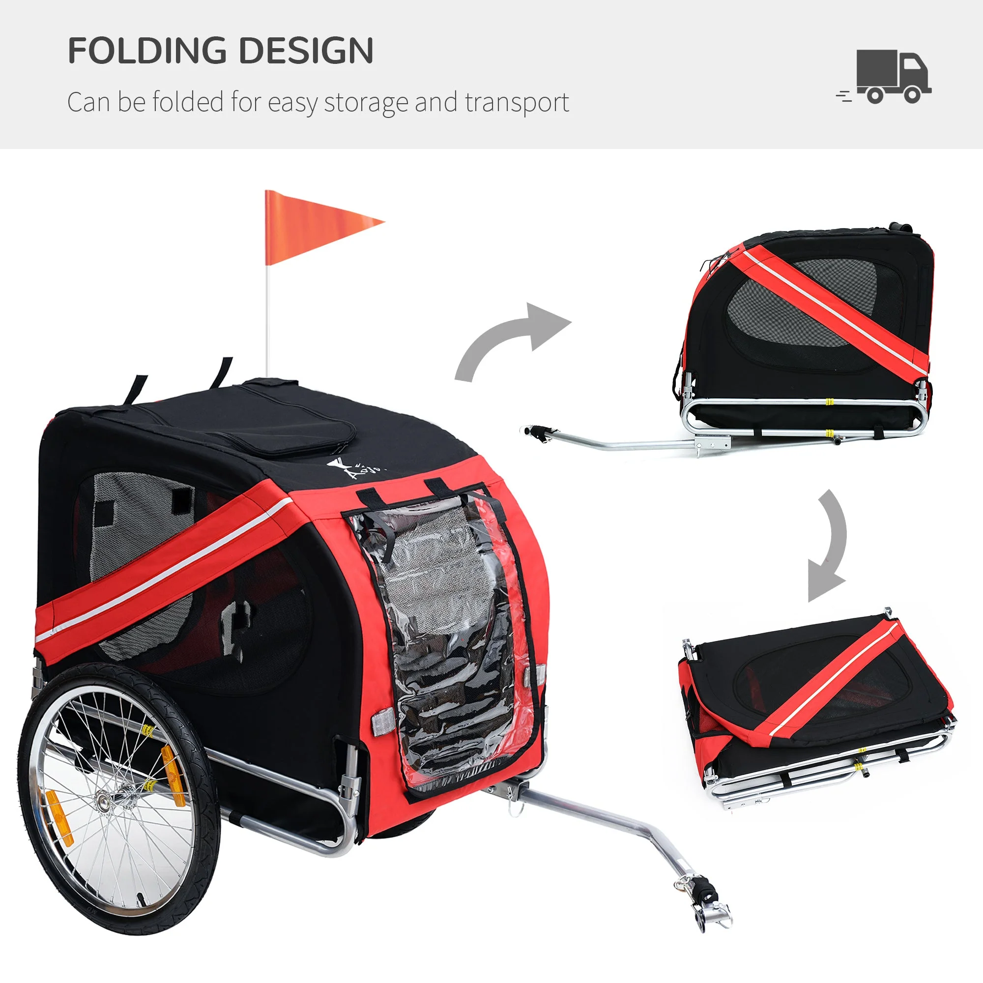 PawHut Bicycle Pet Trailer in Steel Frame-Red/Black - Image 7