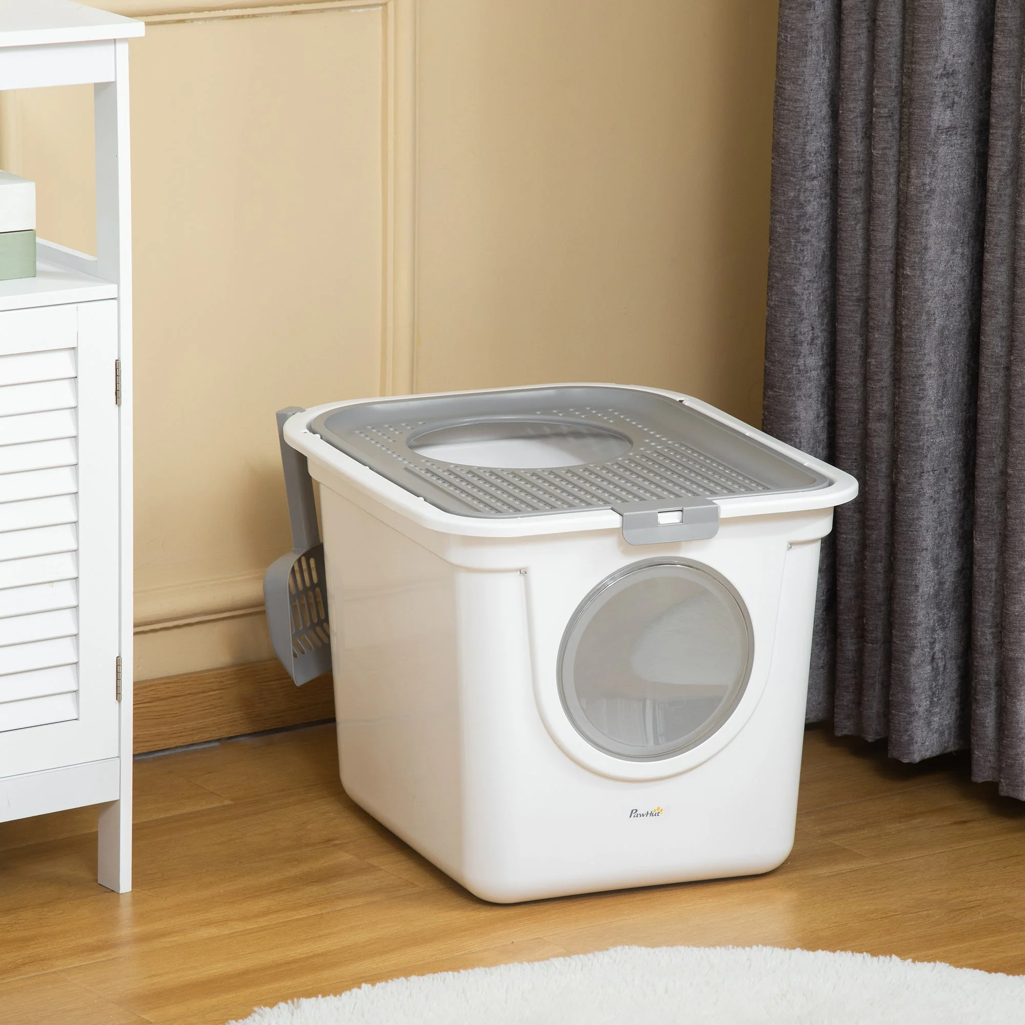 PawHut Cat Litter Box Pet Toilet Enclosed Kitten Pan w/ Front Entrance Top exit Scoop - Image 9