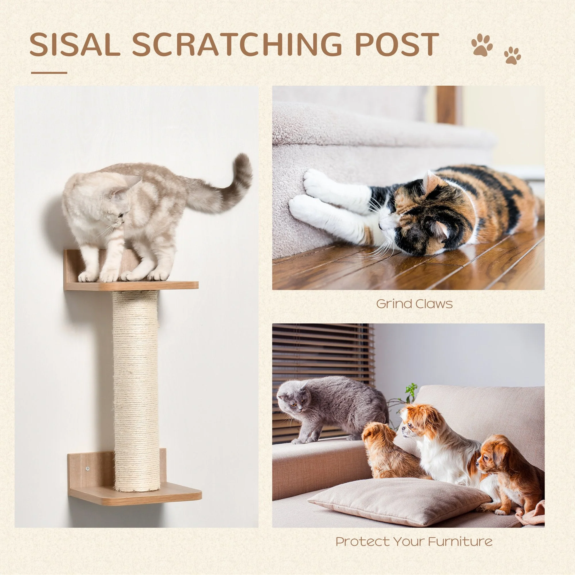 PawHut Cat Tree 4-Piece Wall-mounted Shelf Set Climbing Frame Activity Center - Image 3