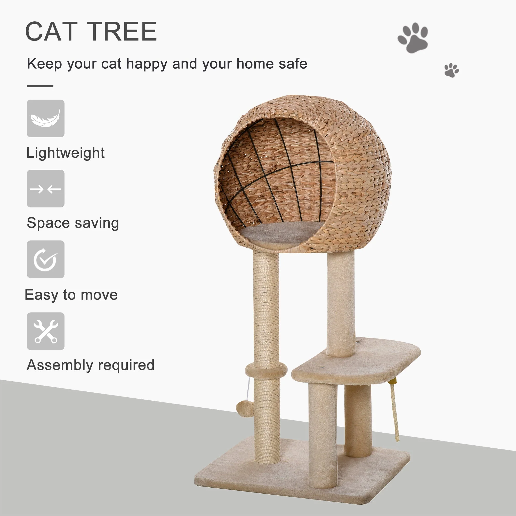 PawHut Cat Tree for Indoor Cats 100cm Kitten Climbing Tower Activity Center with Sisal Scratching Post Condo Perch Hanging Balls Teasing Rope Toy Cushion - Image 2